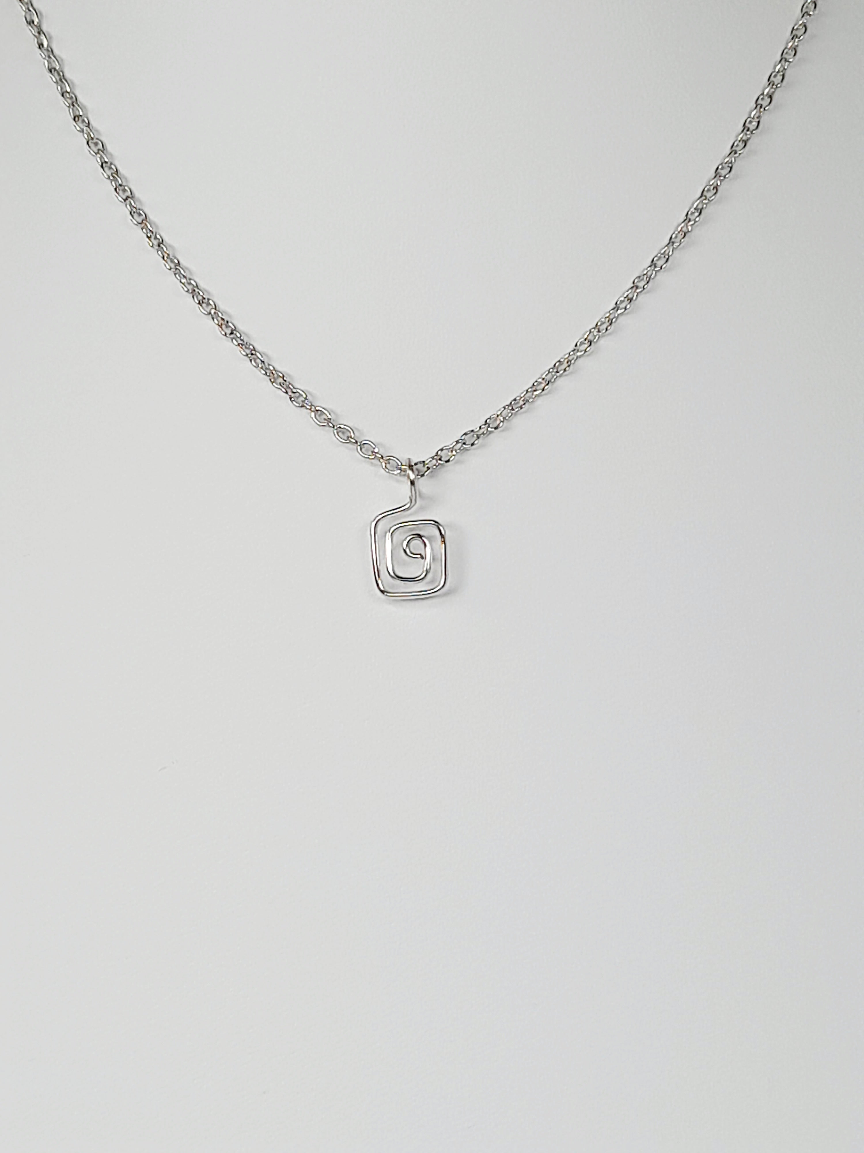 Elegant Handmade Tiny Silver Square Spiral Pendant Necklace, Lightweight & Gift‑Ready