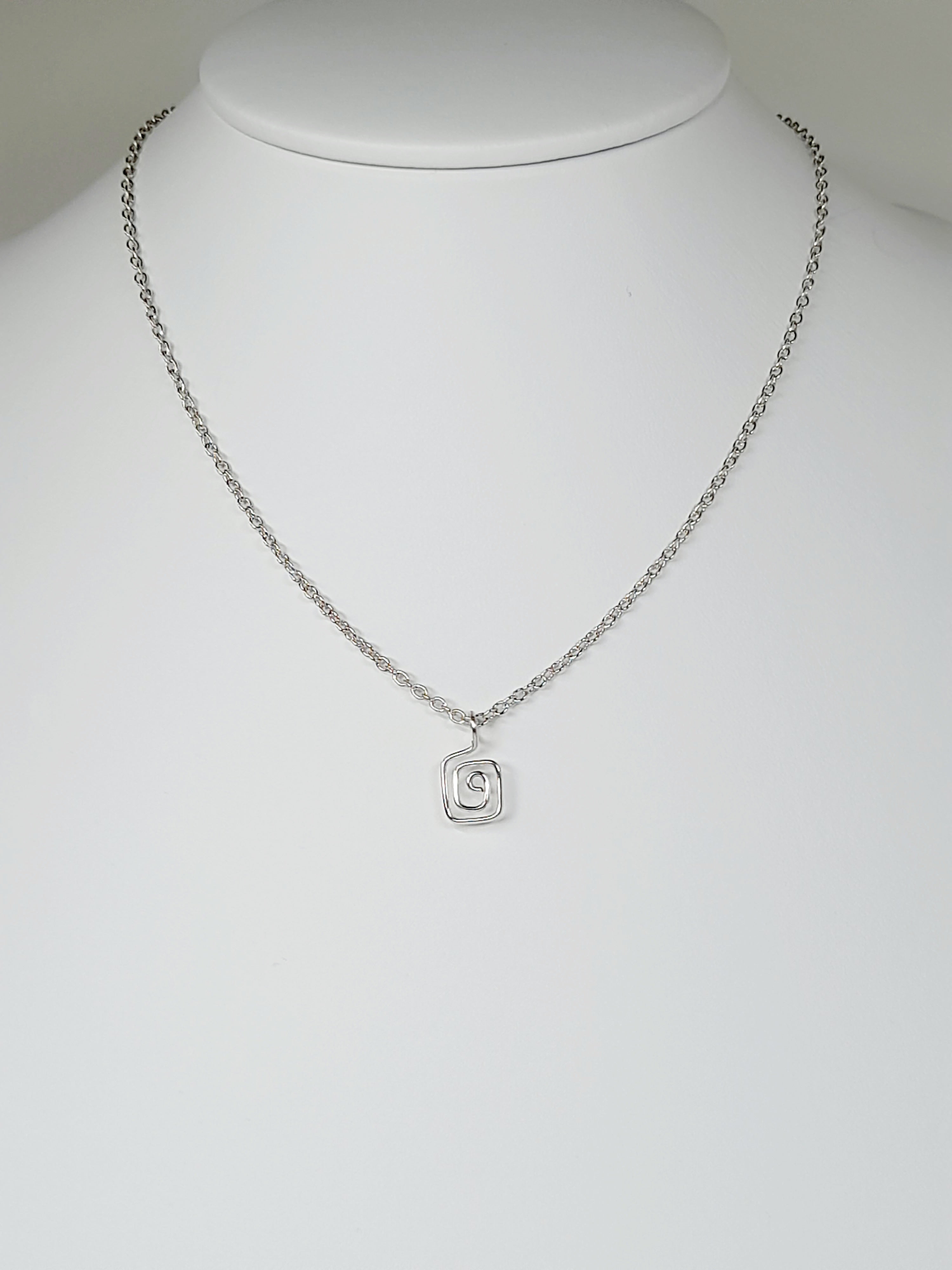 Elegant Handmade Tiny Silver Square Spiral Pendant Necklace, Lightweight & Gift‑Ready