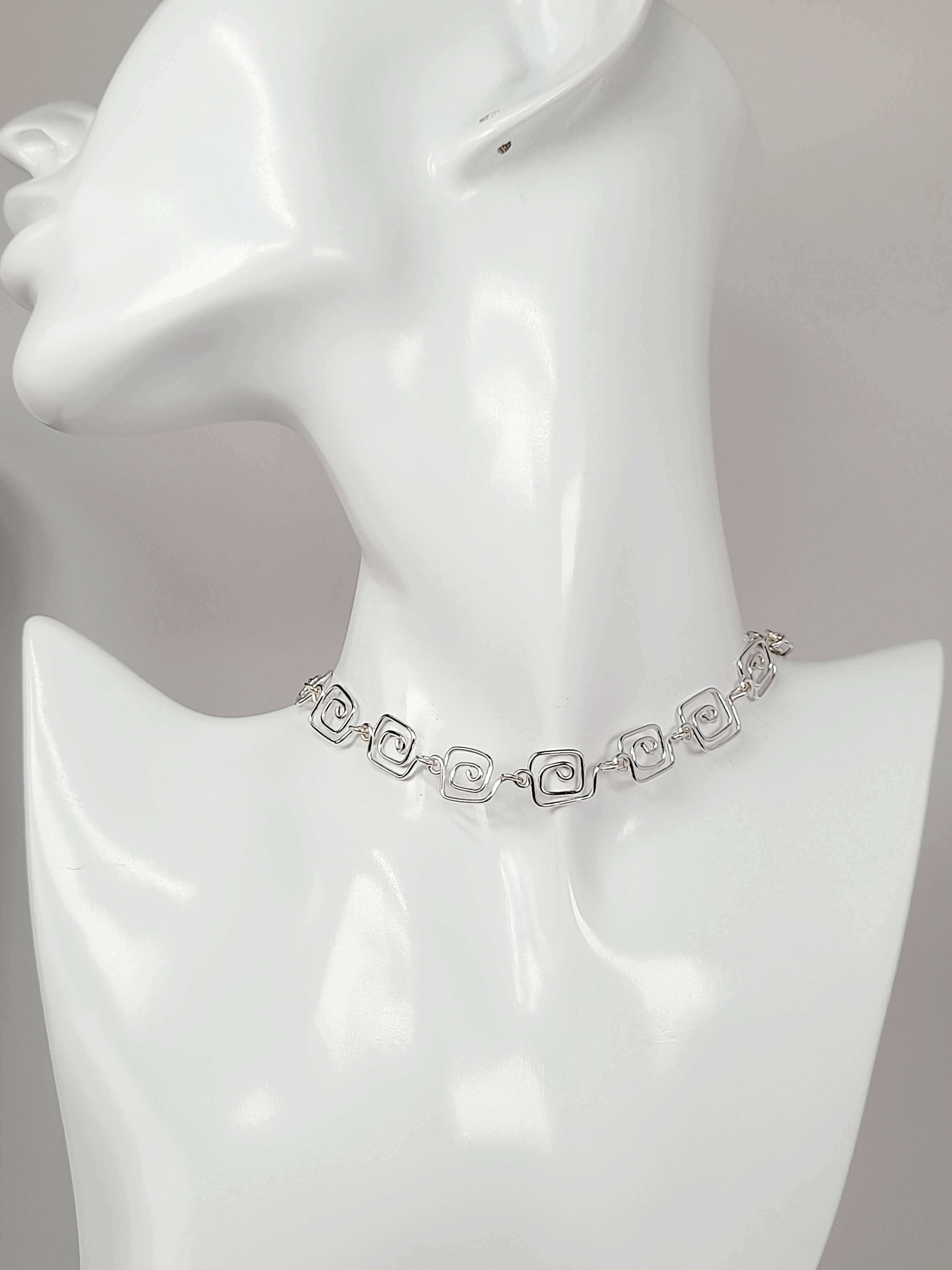 Dainty Super Swirly Silver Square Spiral Choker Necklace