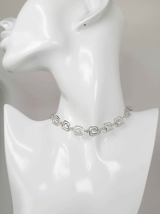 Dainty Super Swirly Silver Square Spiral Choker Necklace