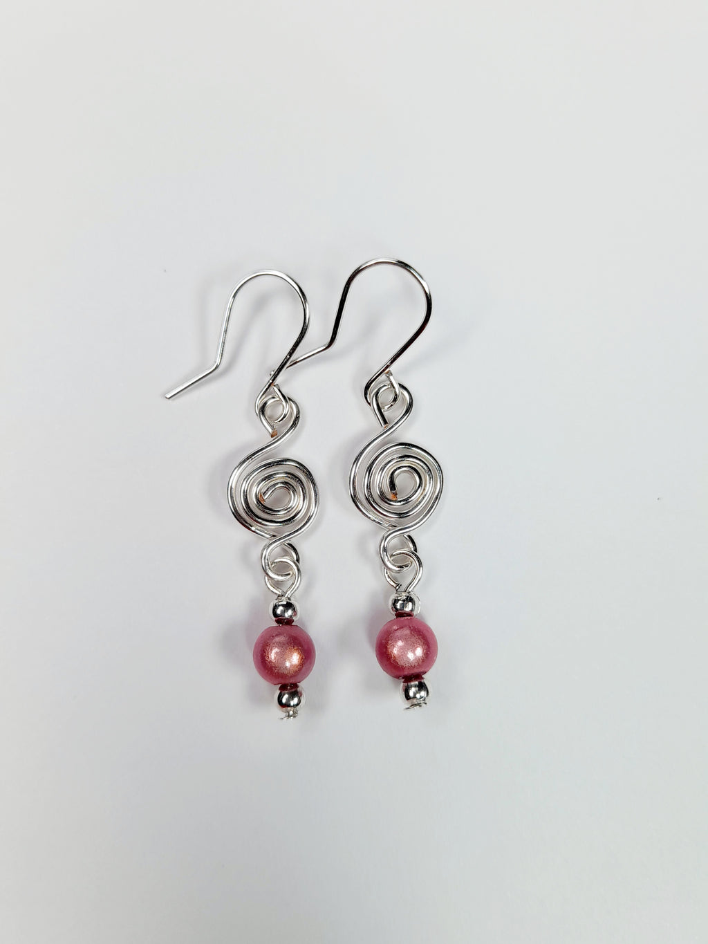 Dainty Silver & Pale Pink Spiral Earrings, Handmade, Lightweight & Pretty