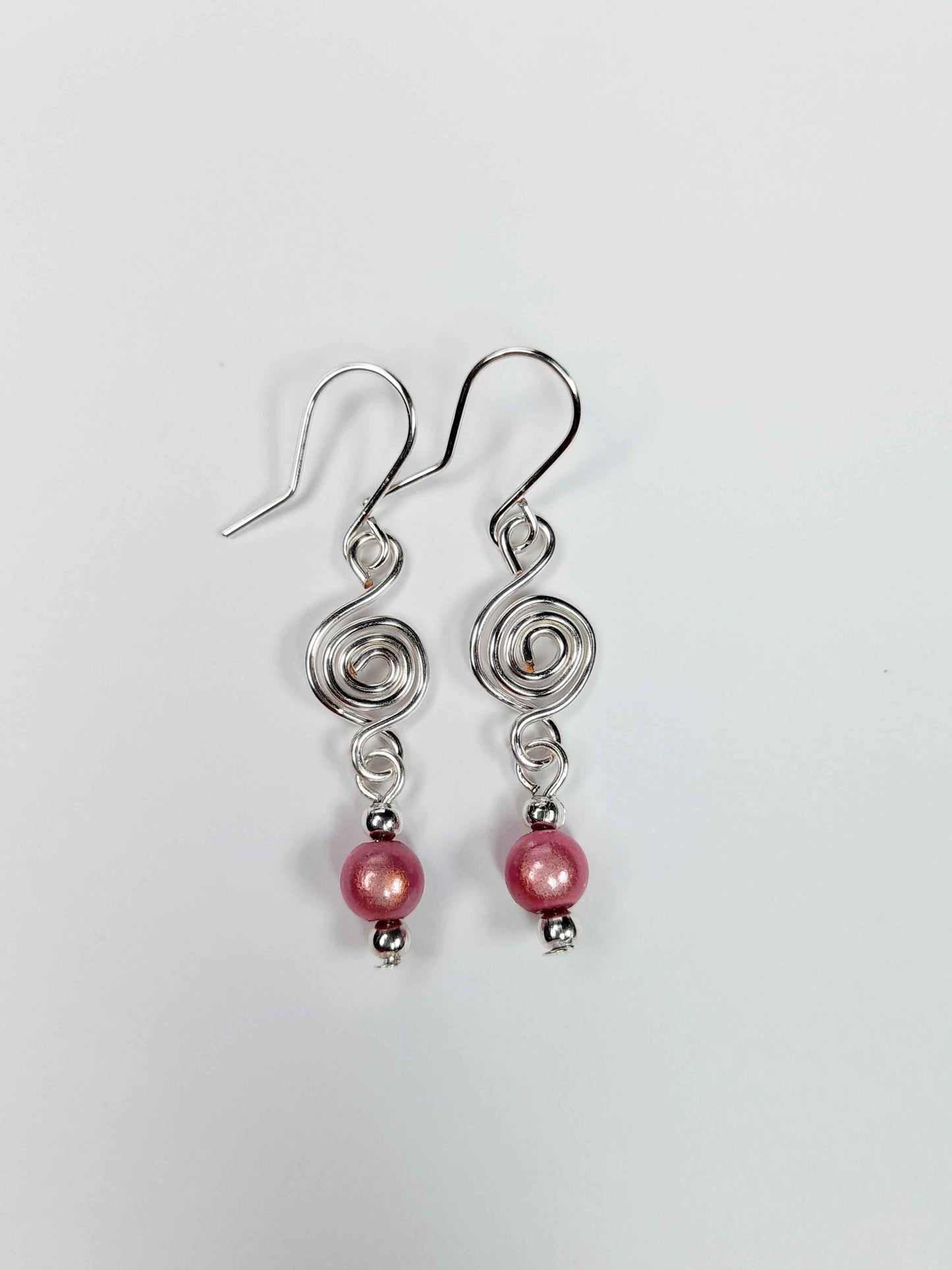 Dainty Silver & Pale Pink Spiral Earrings, Handmade, Lightweight & Pretty