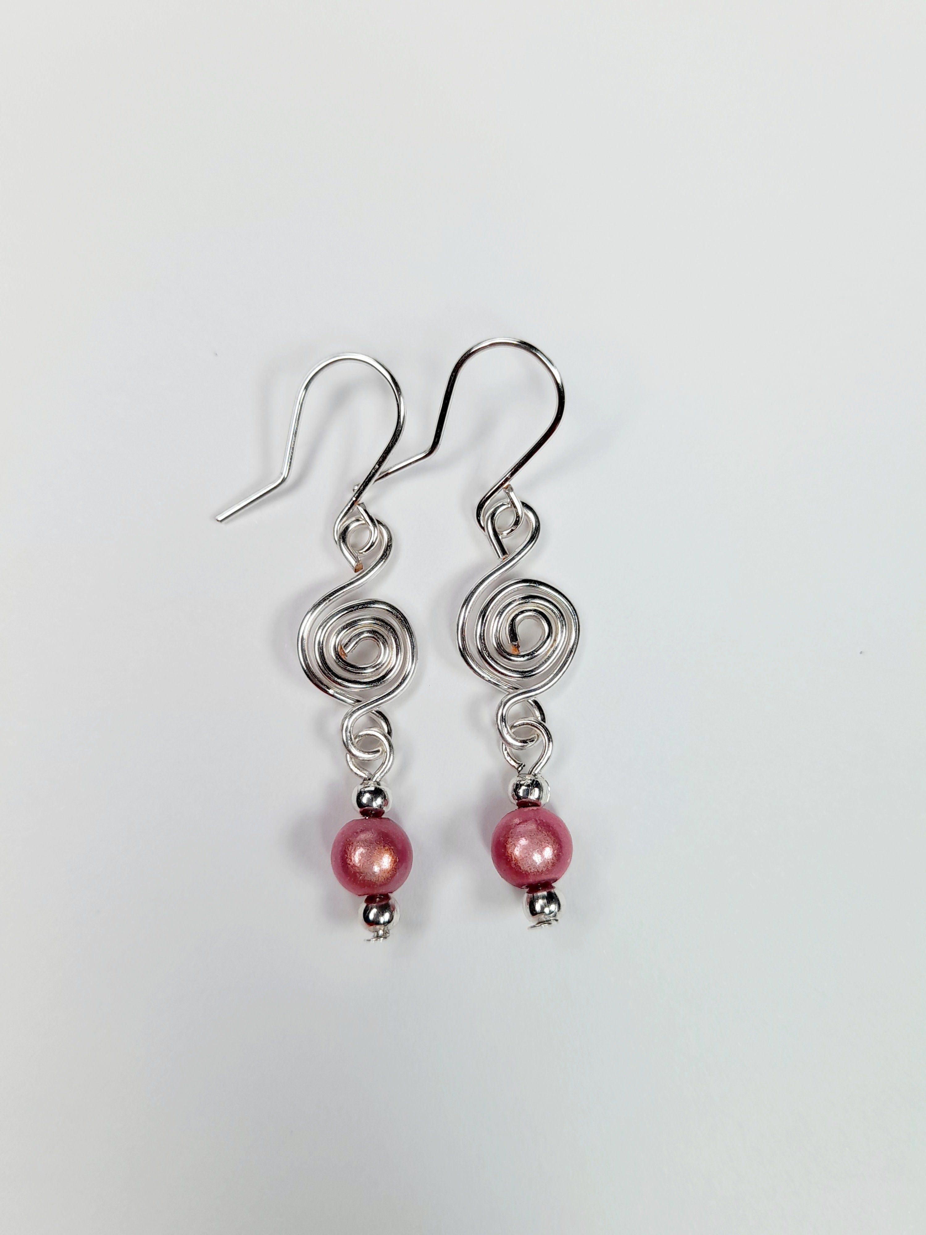 Dainty Silver & Pale Pink Spiral Earrings, Handmade, Lightweight & Pretty