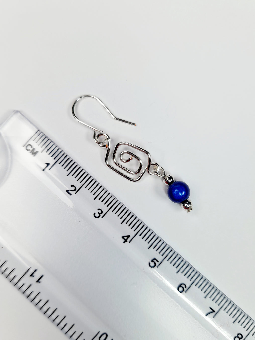Dainty Silver & Blue Square Spiral Earrings, Handmade, Lightweight & Pretty