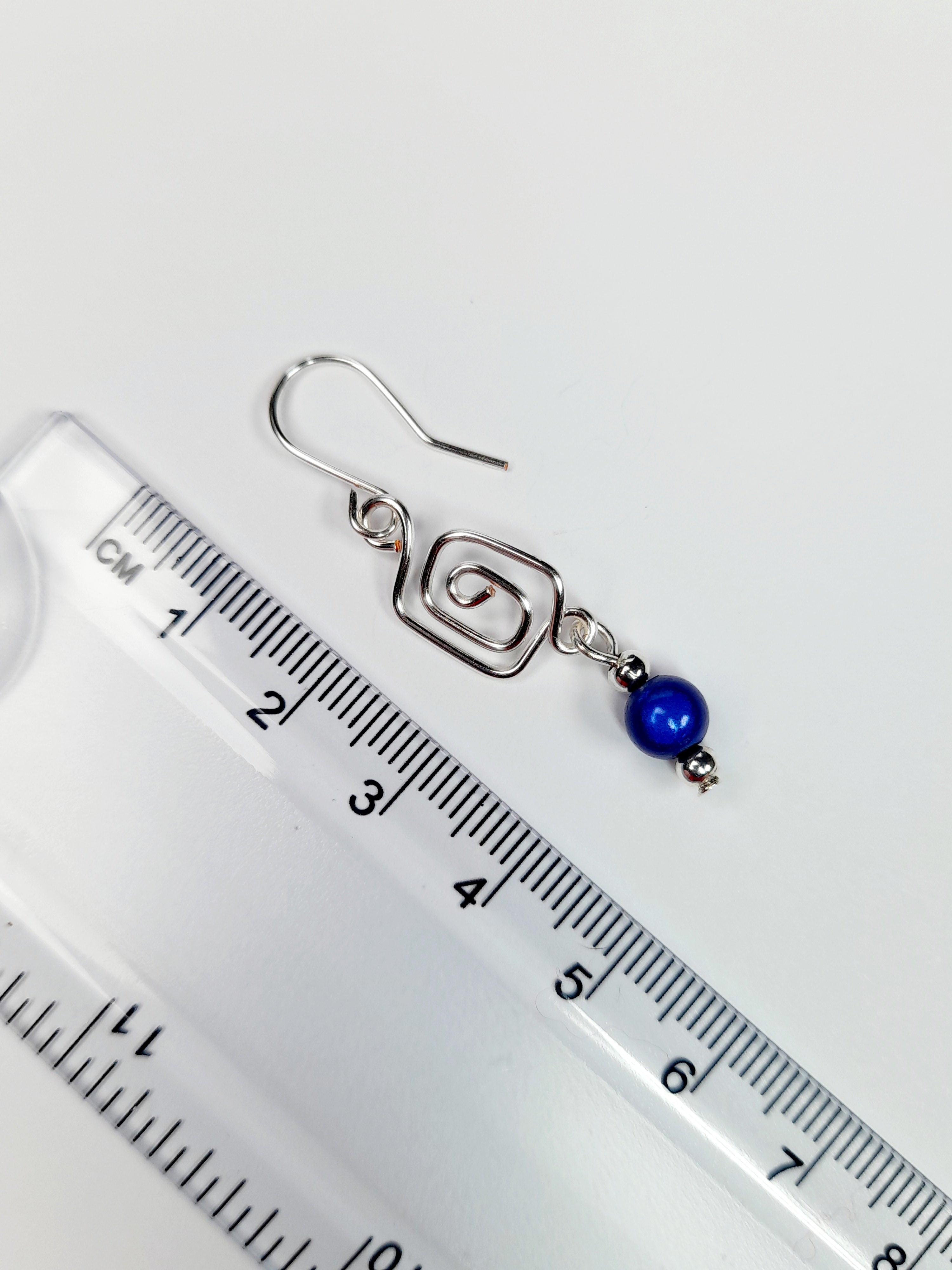 Dainty Silver & Blue Square Spiral Earrings, Handmade, Lightweight & Pretty