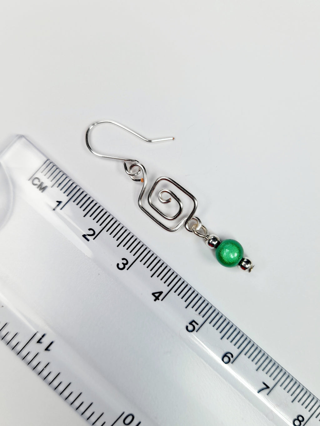 Dainty Silver & Green Square Spiral Earrings, Handmade, Lightweight & Pretty