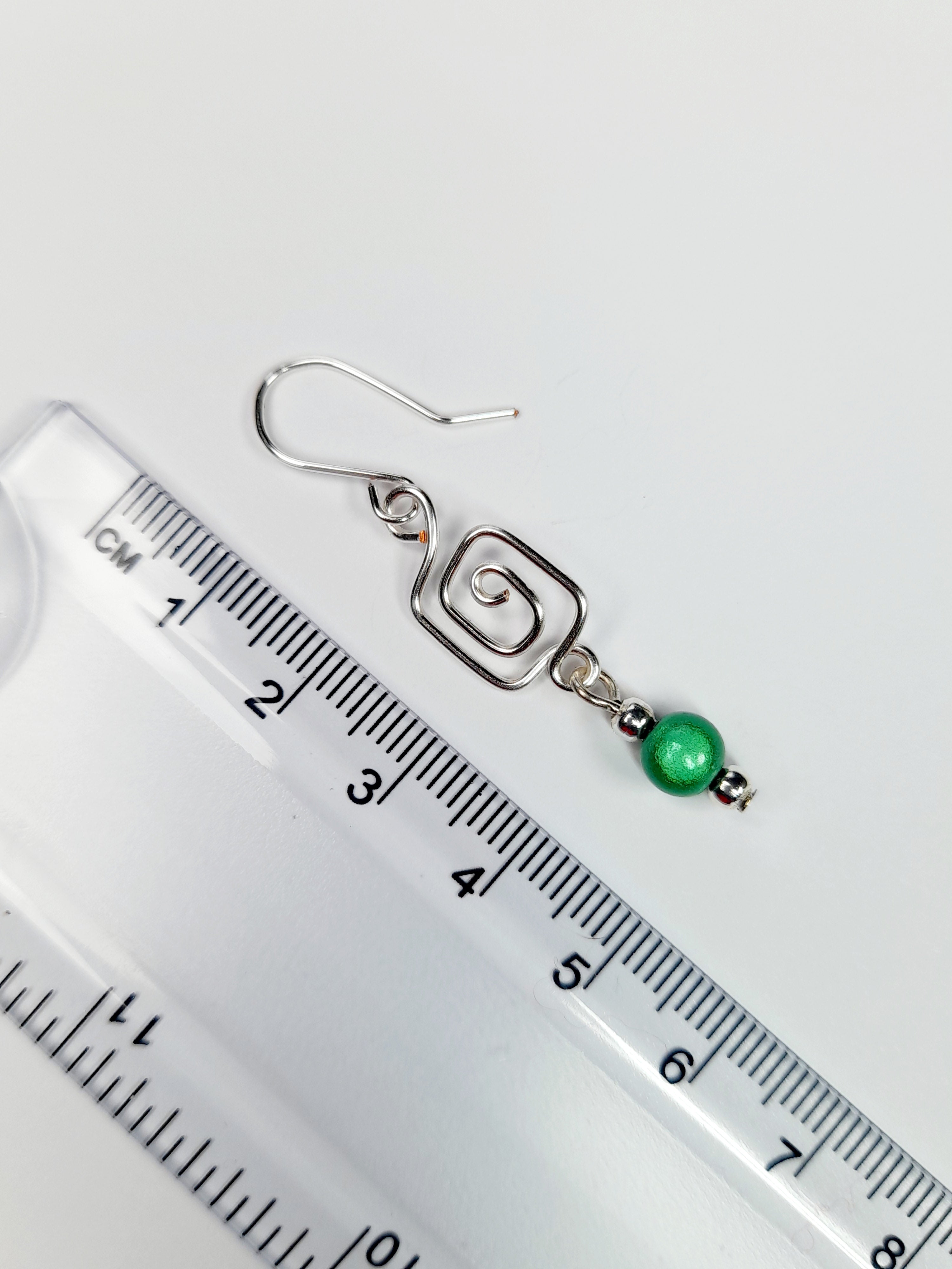 Dainty Silver & Green Square Spiral Earrings, Handmade, Lightweight & Pretty