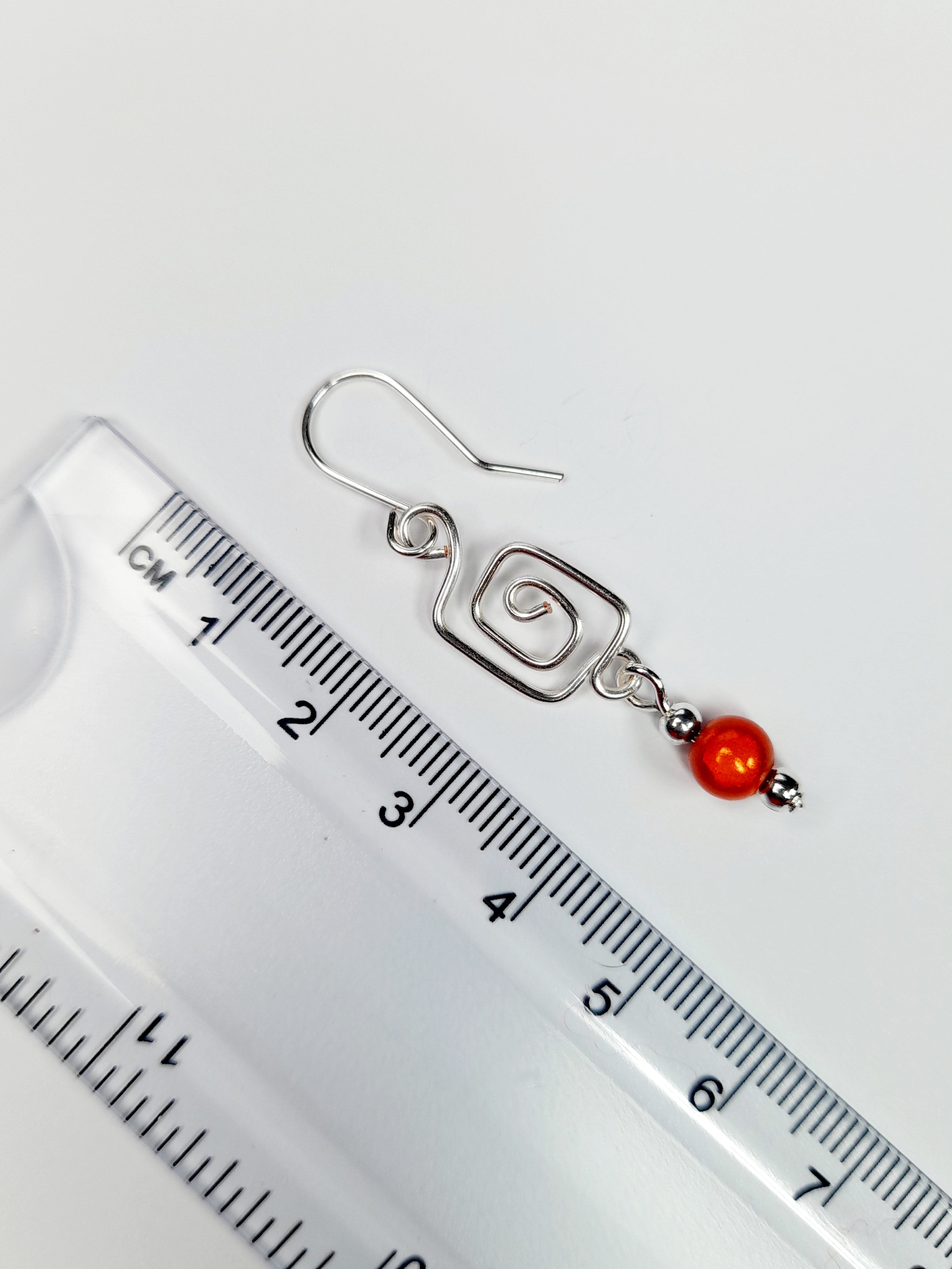 Dainty Silver & Orange Square Spiral Earrings, Handmade, Lightweight & Pretty