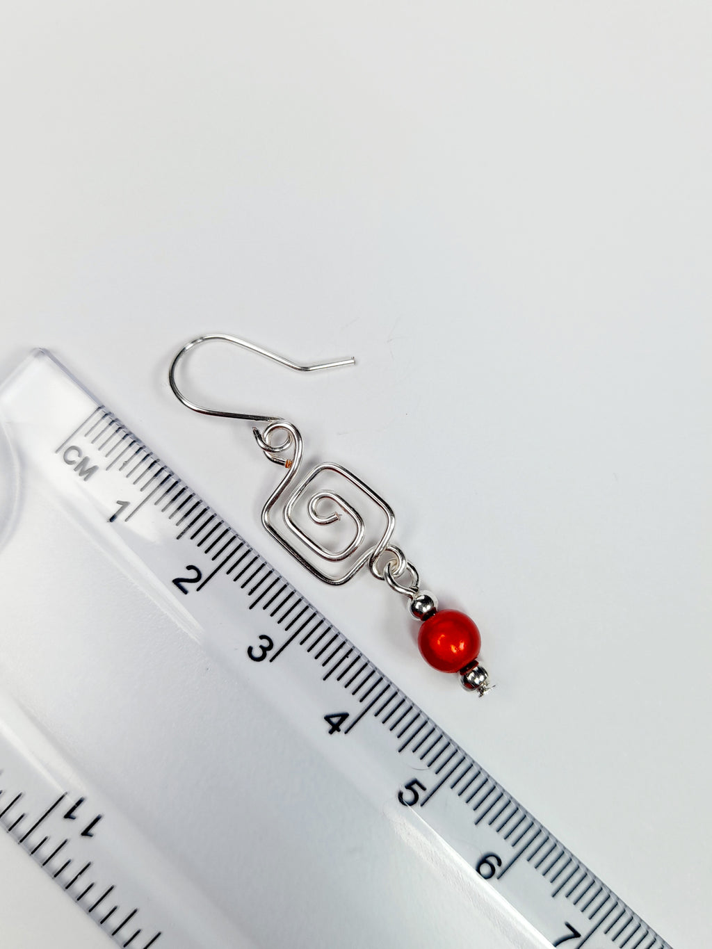 Dainty Silver & Red Square Spiral Earrings, Handmade, Lightweight & Pretty