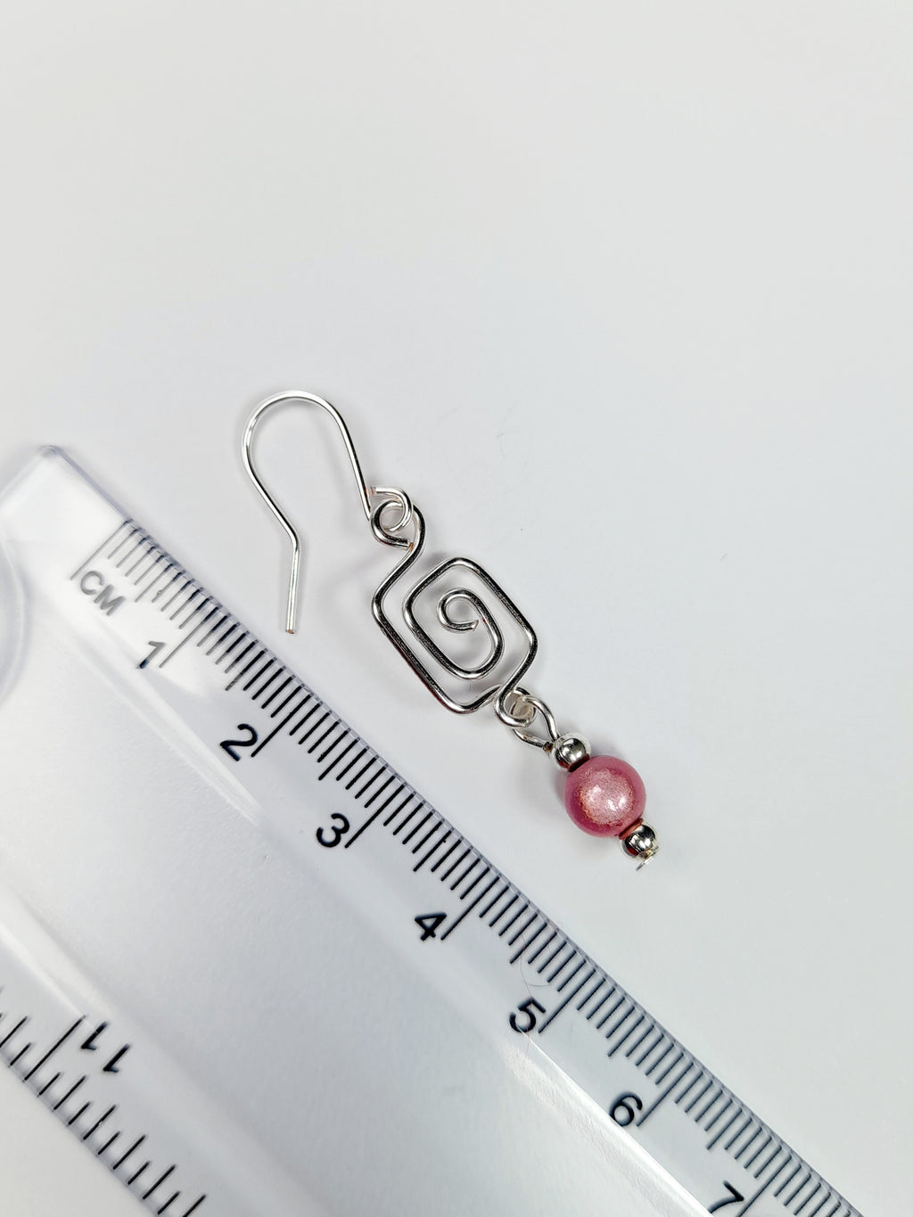 Dainty Silver & Pale Pink Square Spiral Earrings, Handmade, Lightweight & Pretty