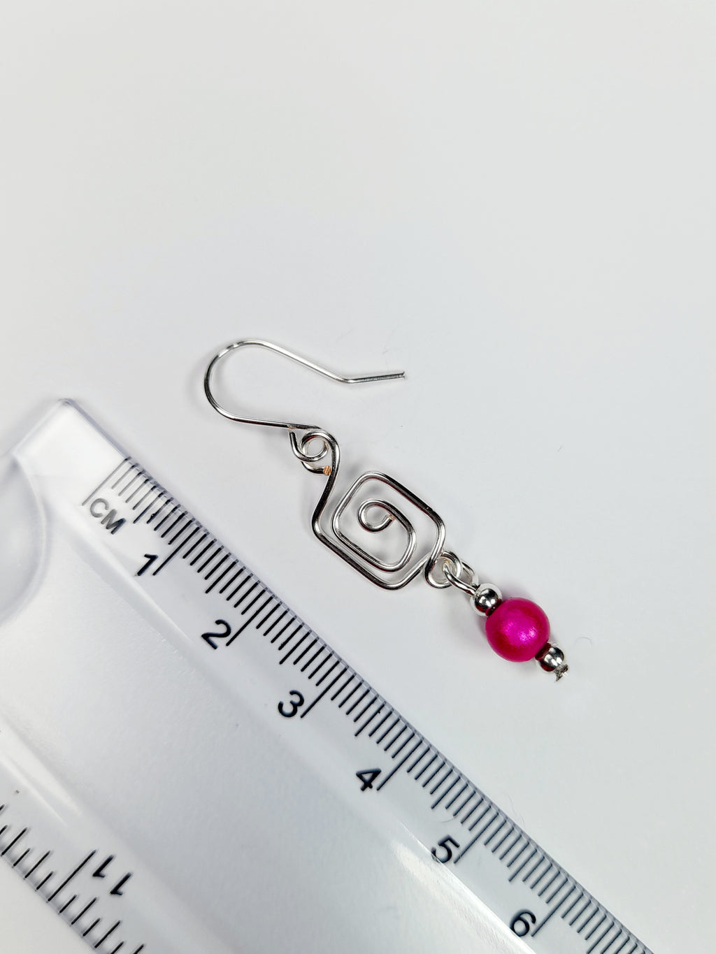 Dainty Silver & Hot Pink Square Spiral Earrings, Handmade, Lightweight & Pretty