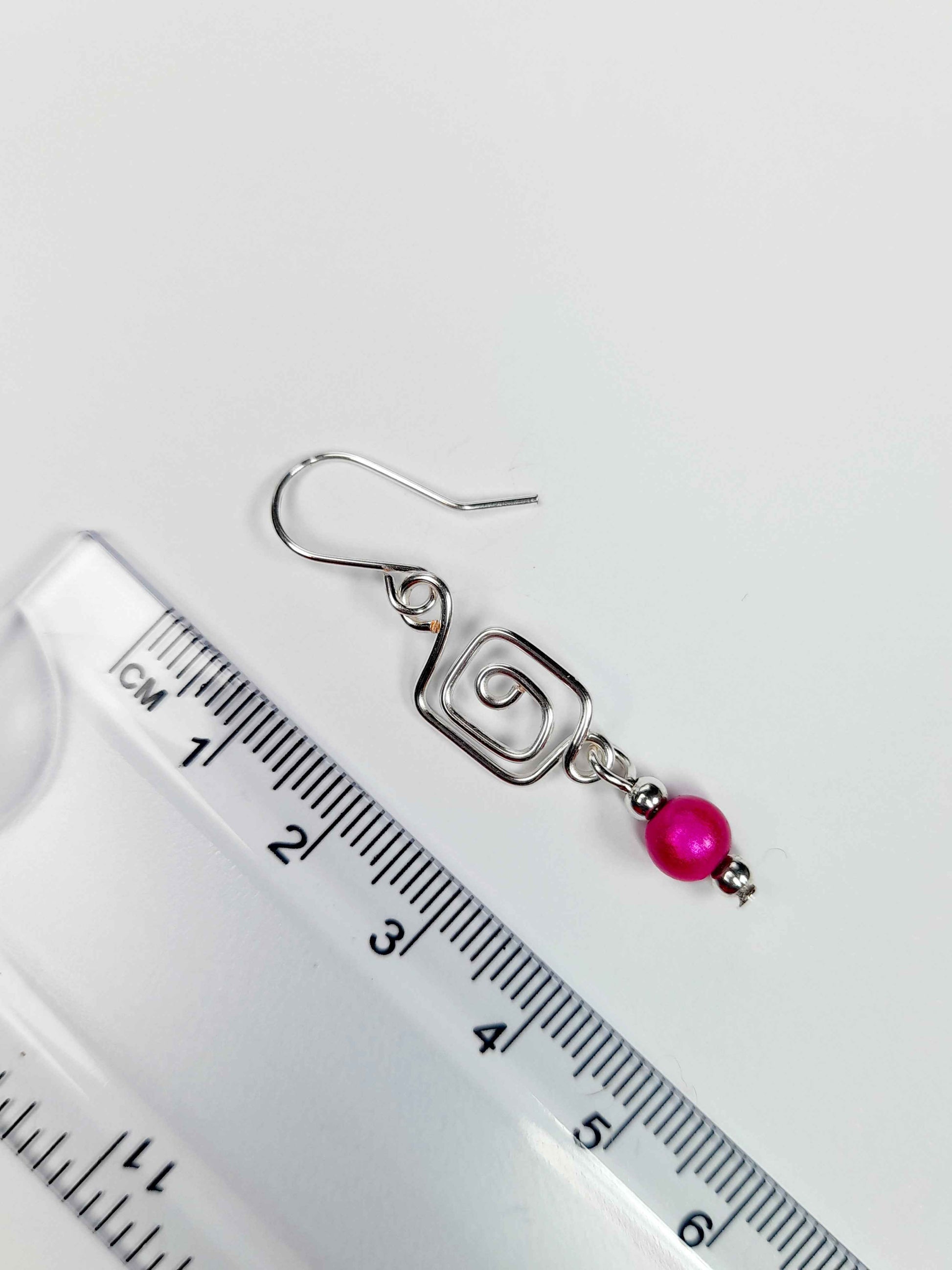 Dainty Silver & Hot Pink Square Spiral Earrings, Handmade, Lightweight & Pretty