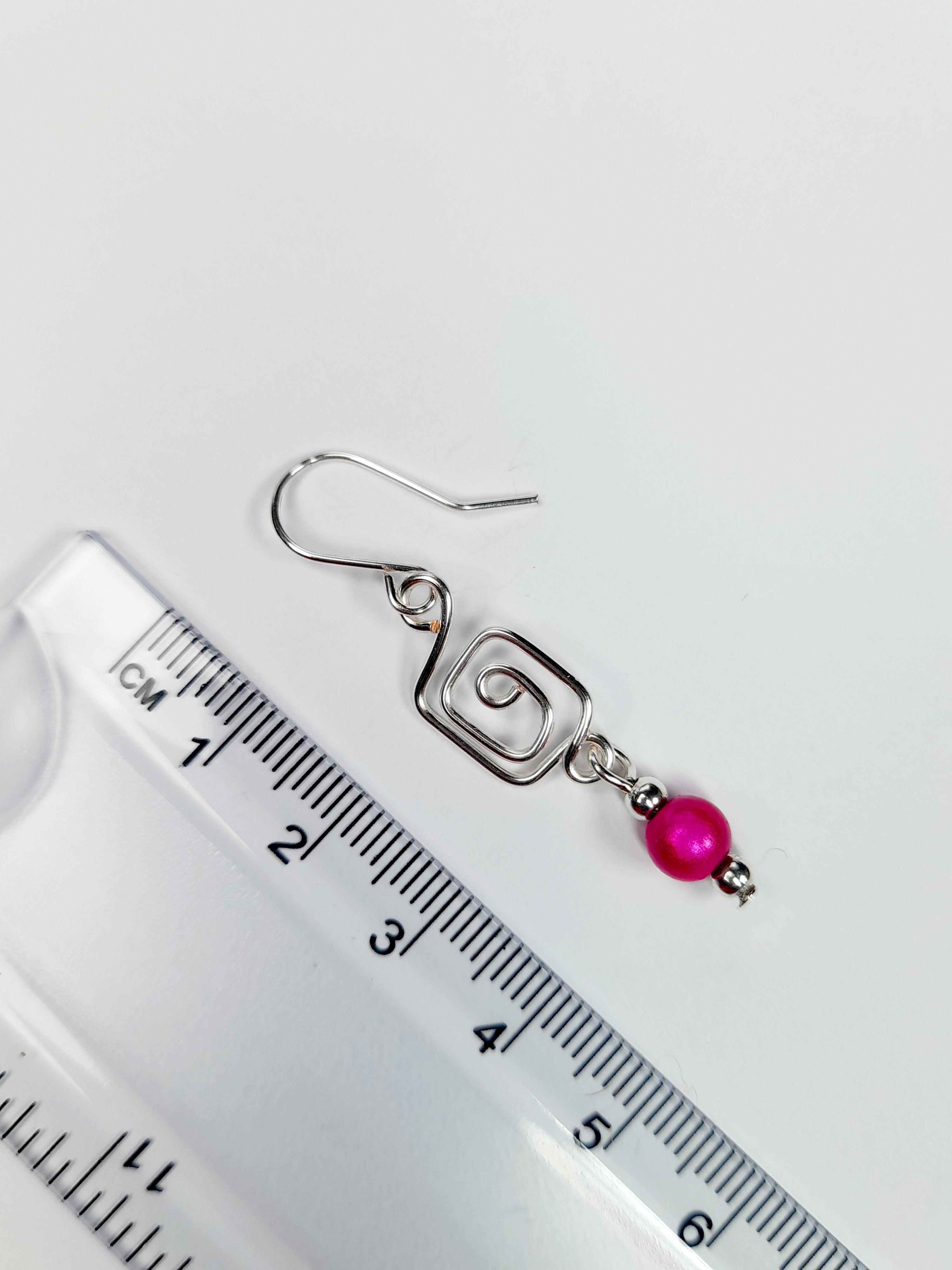 Dainty Silver & Hot Pink Square Spiral Earrings, Handmade, Lightweight & Pretty