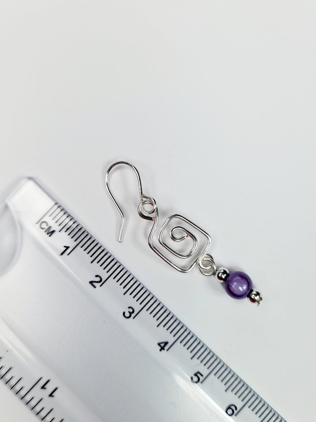 Dainty Silver & Lilac Square Spiral Earrings, Handmade, Lightweight & Pretty