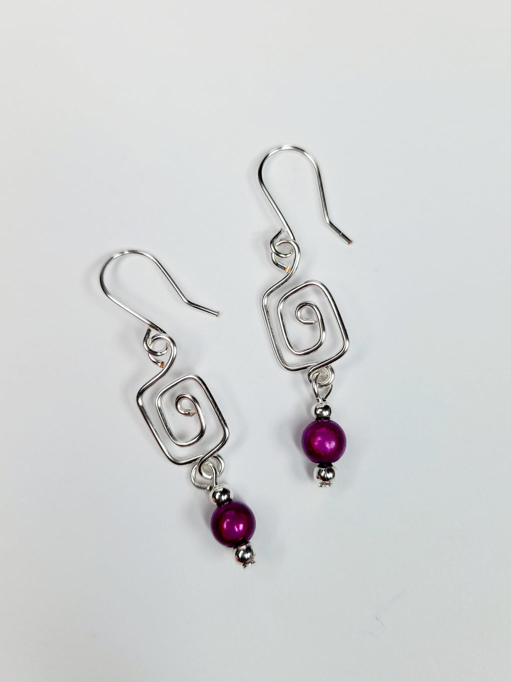 Dainty Silver & Purple Square Spiral Earrings, Handmade, Lightweight & Pretty