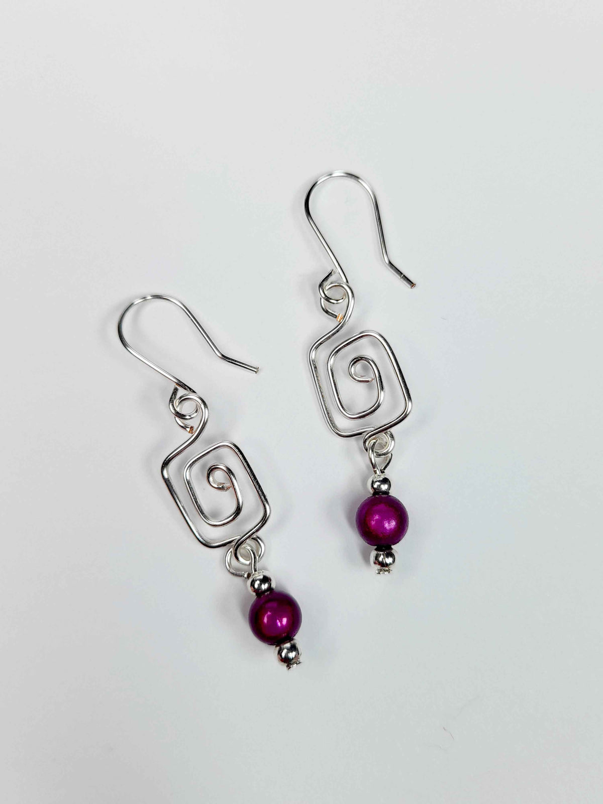 Dainty Silver & Purple Square Spiral Earrings, Handmade, Lightweight & Pretty
