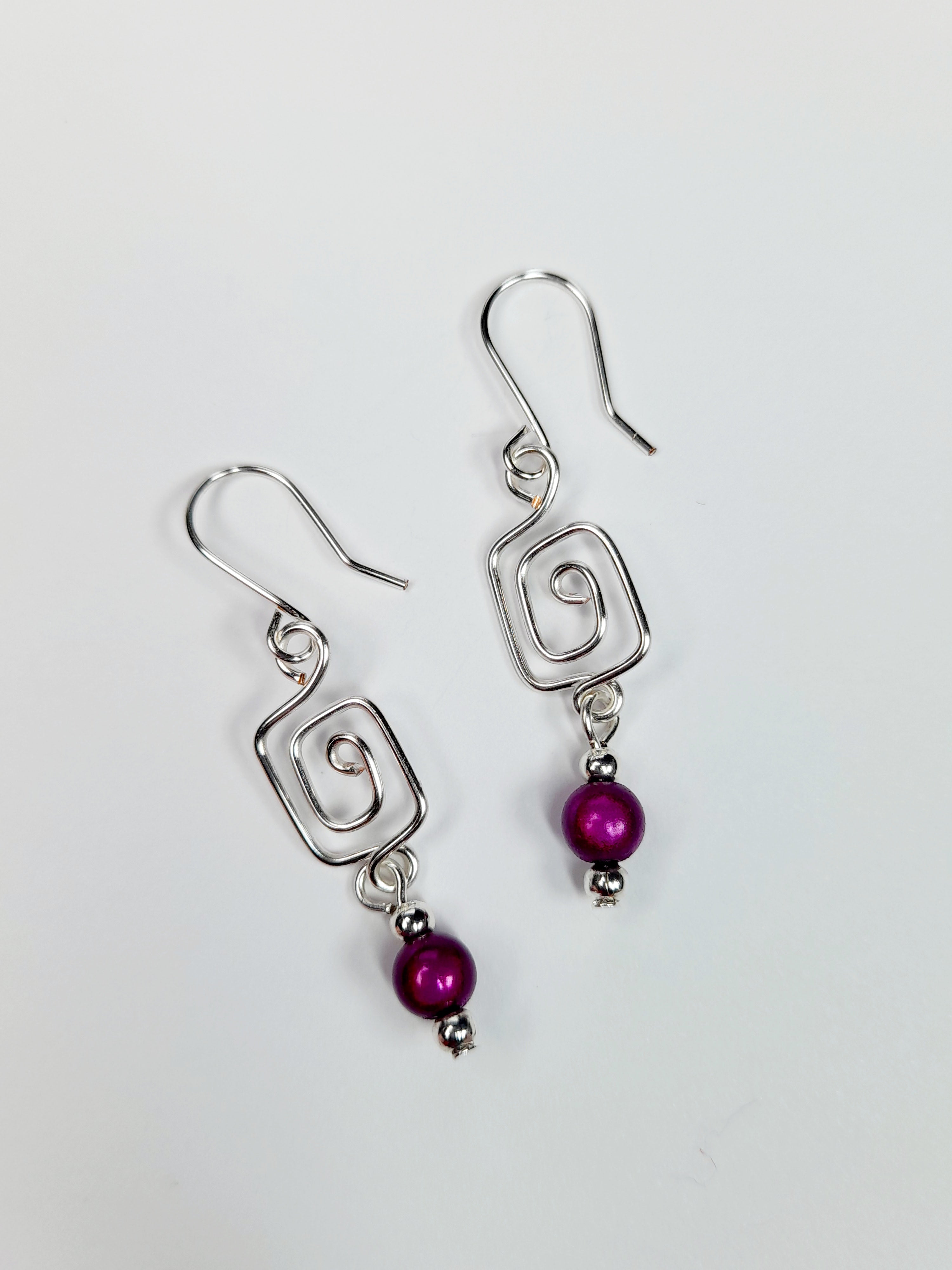 Dainty Silver & Purple Square Spiral Earrings, Handmade, Lightweight & Pretty