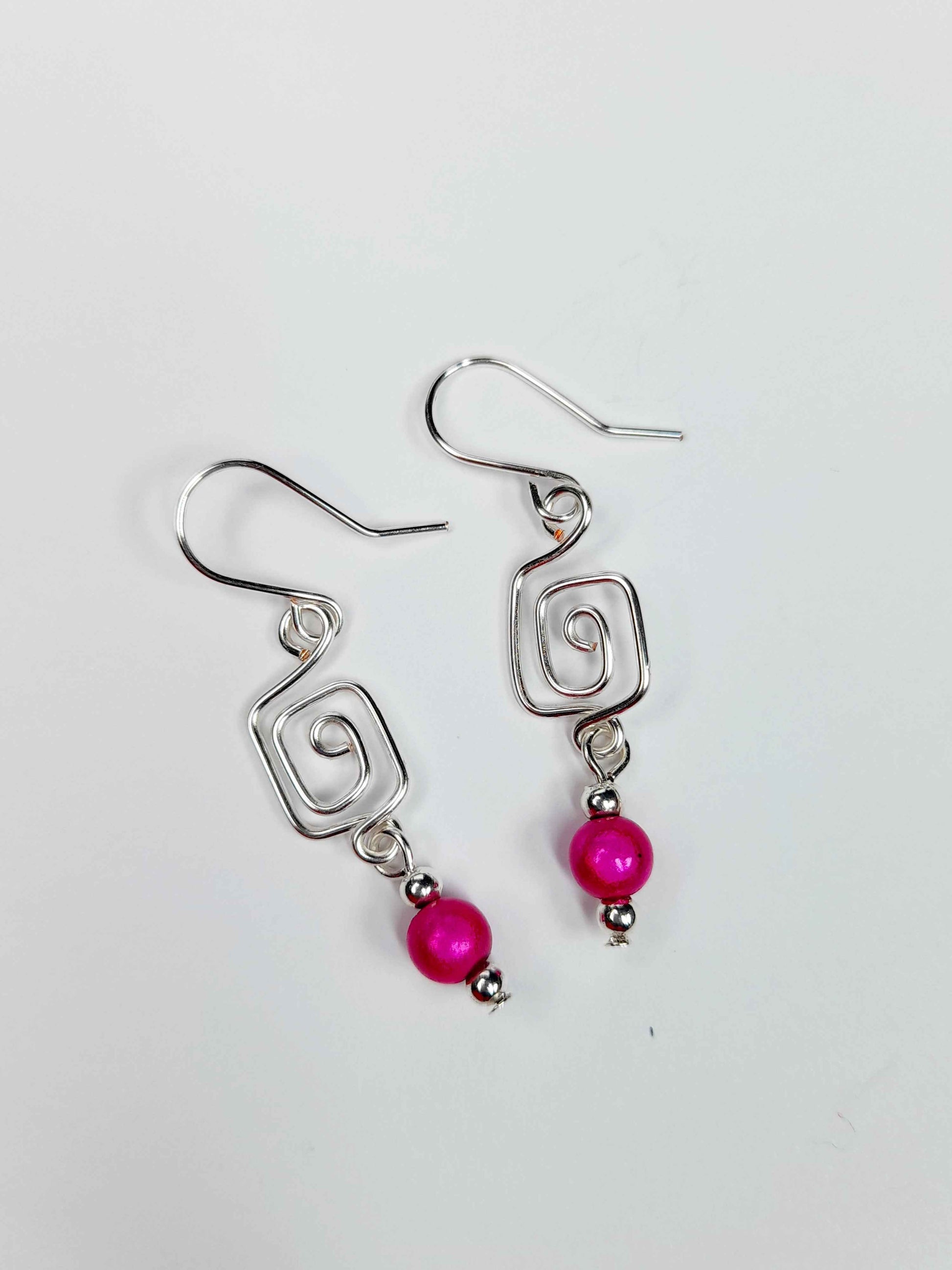 Dainty Silver & Hot Pink Square Spiral Earrings, Handmade, Lightweight & Pretty
