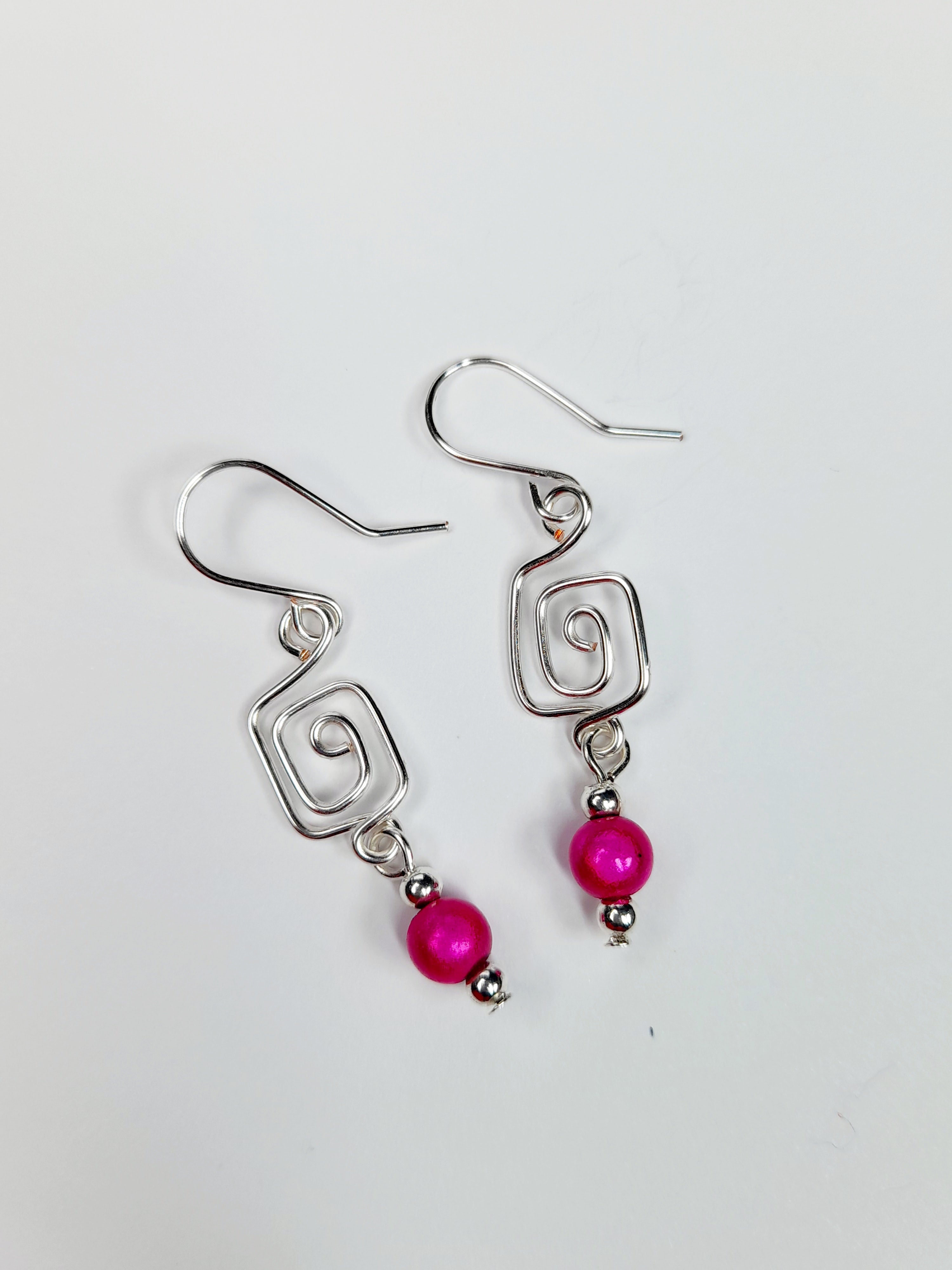 Dainty Silver & Hot Pink Square Spiral Earrings, Handmade, Lightweight & Pretty