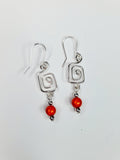 Dainty Silver & Orange Square Spiral Earrings, Handmade, Lightweight & Pretty