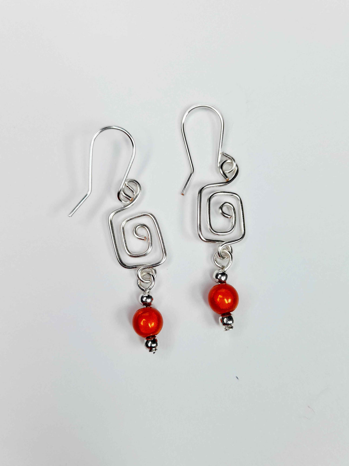 Dainty Silver & Orange Square Spiral Earrings, Handmade, Lightweight & Pretty