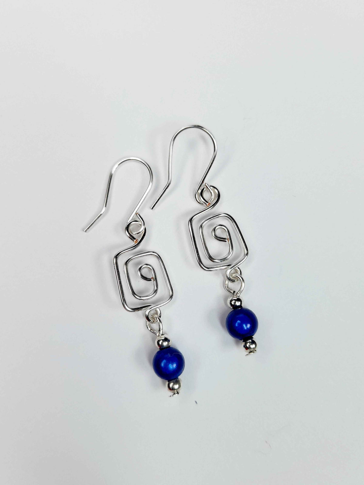 Dainty Silver & Blue Square Spiral Earrings, Handmade, Lightweight & Pretty