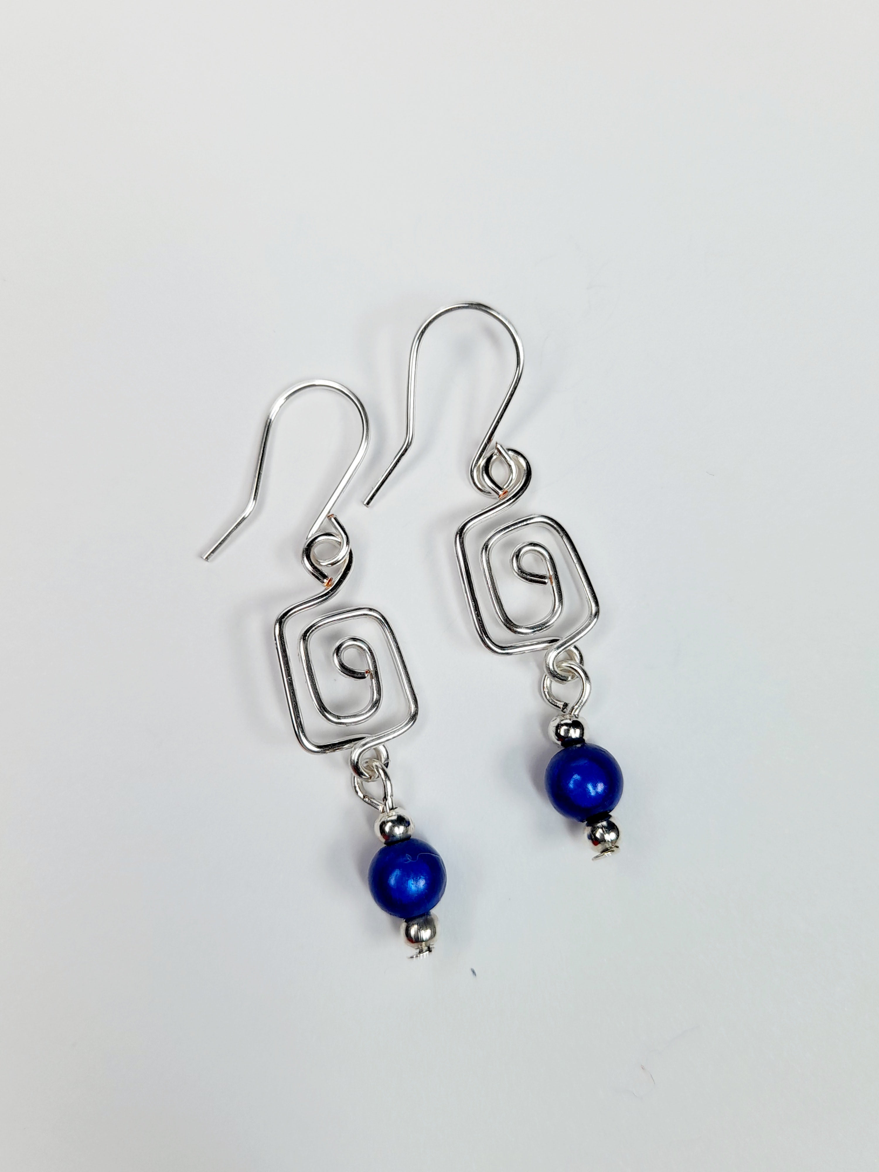 Dainty Silver & Blue Square Spiral Earrings, Handmade, Lightweight & Pretty