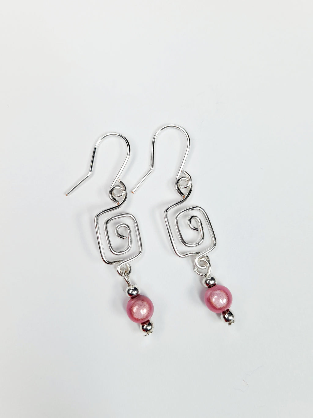 Dainty Silver & Pale Pink Square Spiral Earrings, Handmade, Lightweight & Pretty