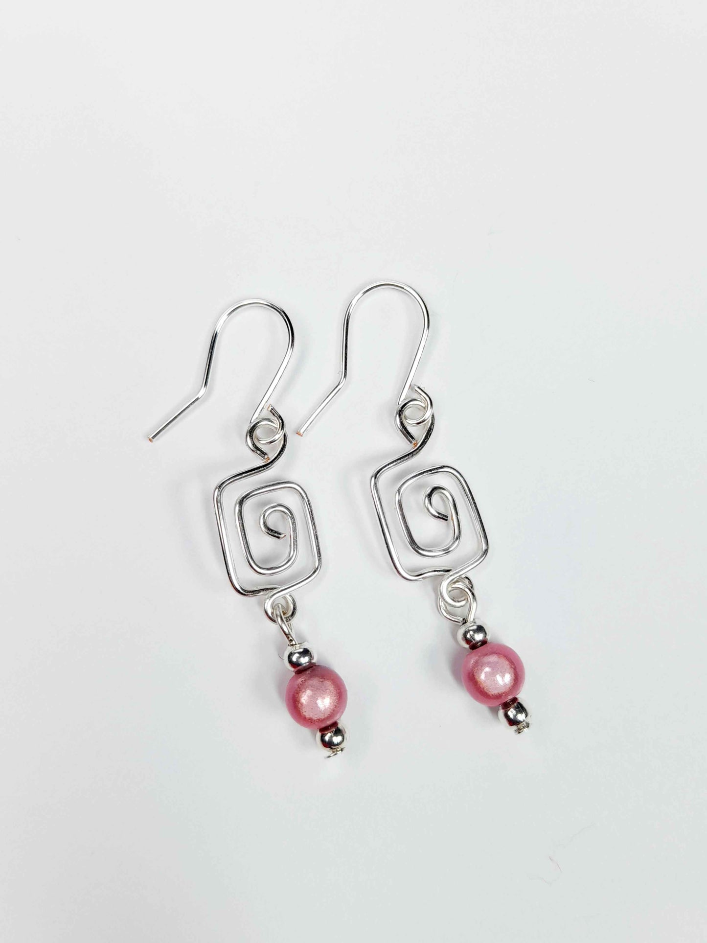 Dainty Silver & Pale Pink Square Spiral Earrings, Handmade, Lightweight & Pretty