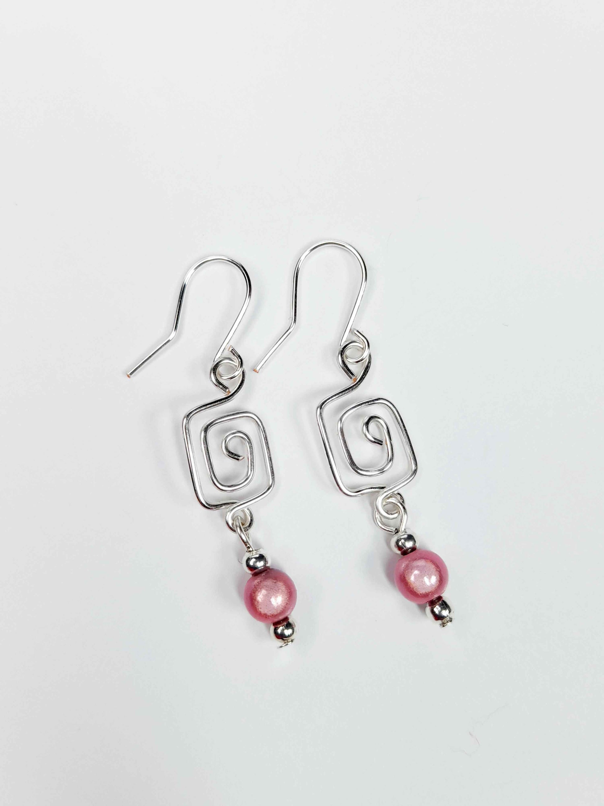 Dainty Silver & Pale Pink Square Spiral Earrings, Handmade, Lightweight & Pretty