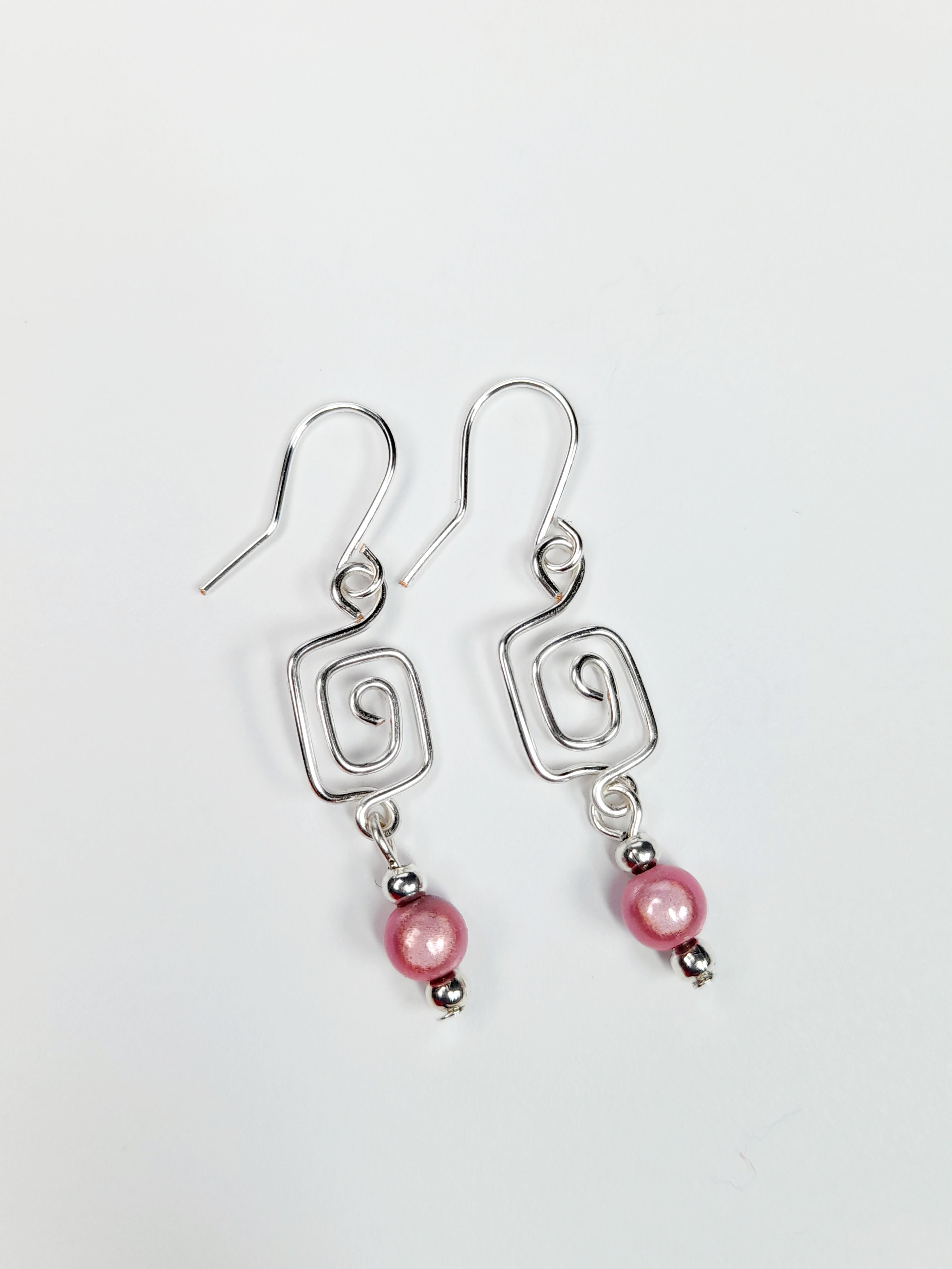Dainty Silver & Pale Pink Square Spiral Earrings, Handmade, Lightweight & Pretty