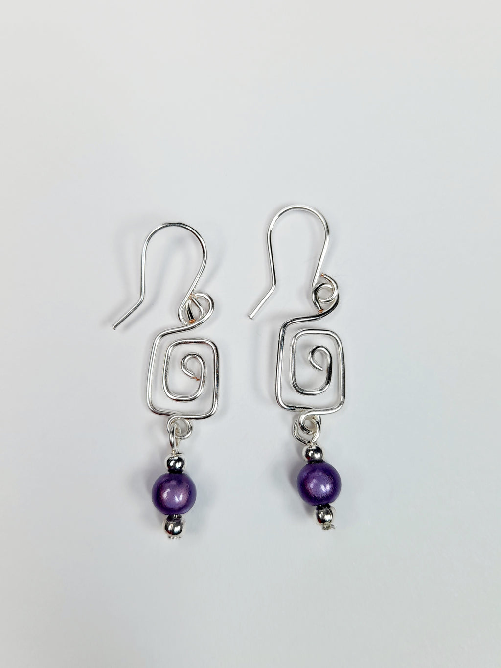 Dainty Silver & Lilac Square Spiral Earrings, Handmade, Lightweight & Pretty
