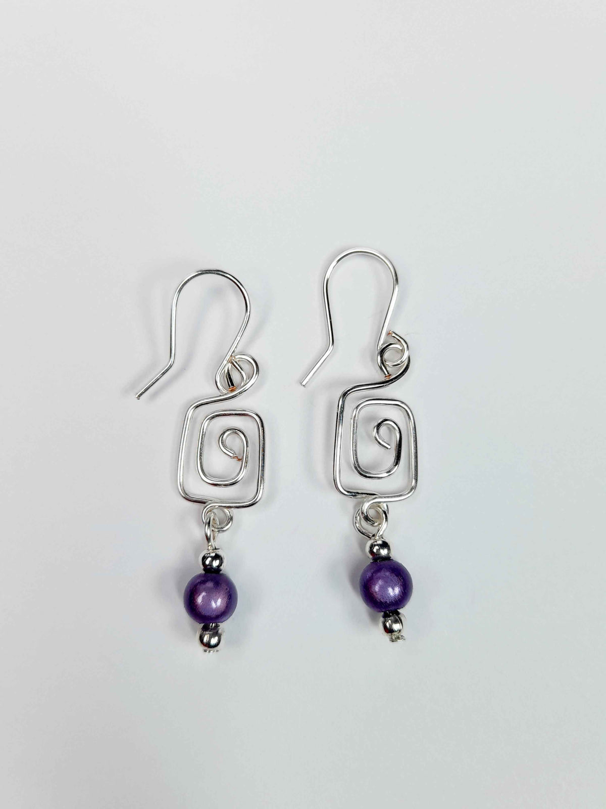 Dainty Silver & Lilac Square Spiral Earrings, Handmade, Lightweight & Pretty