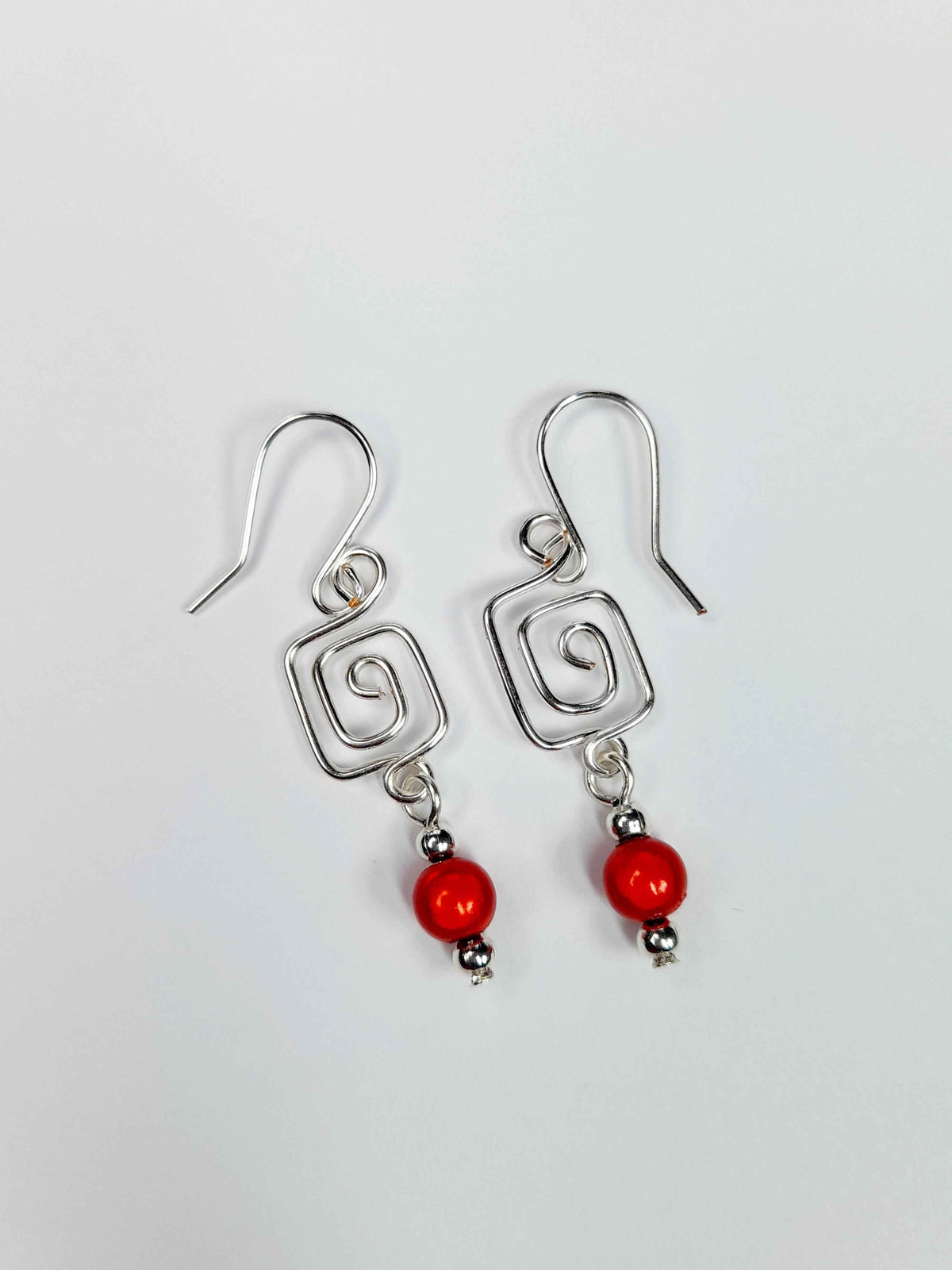 Dainty Silver & Red Square Spiral Earrings, Handmade, Lightweight & Pretty