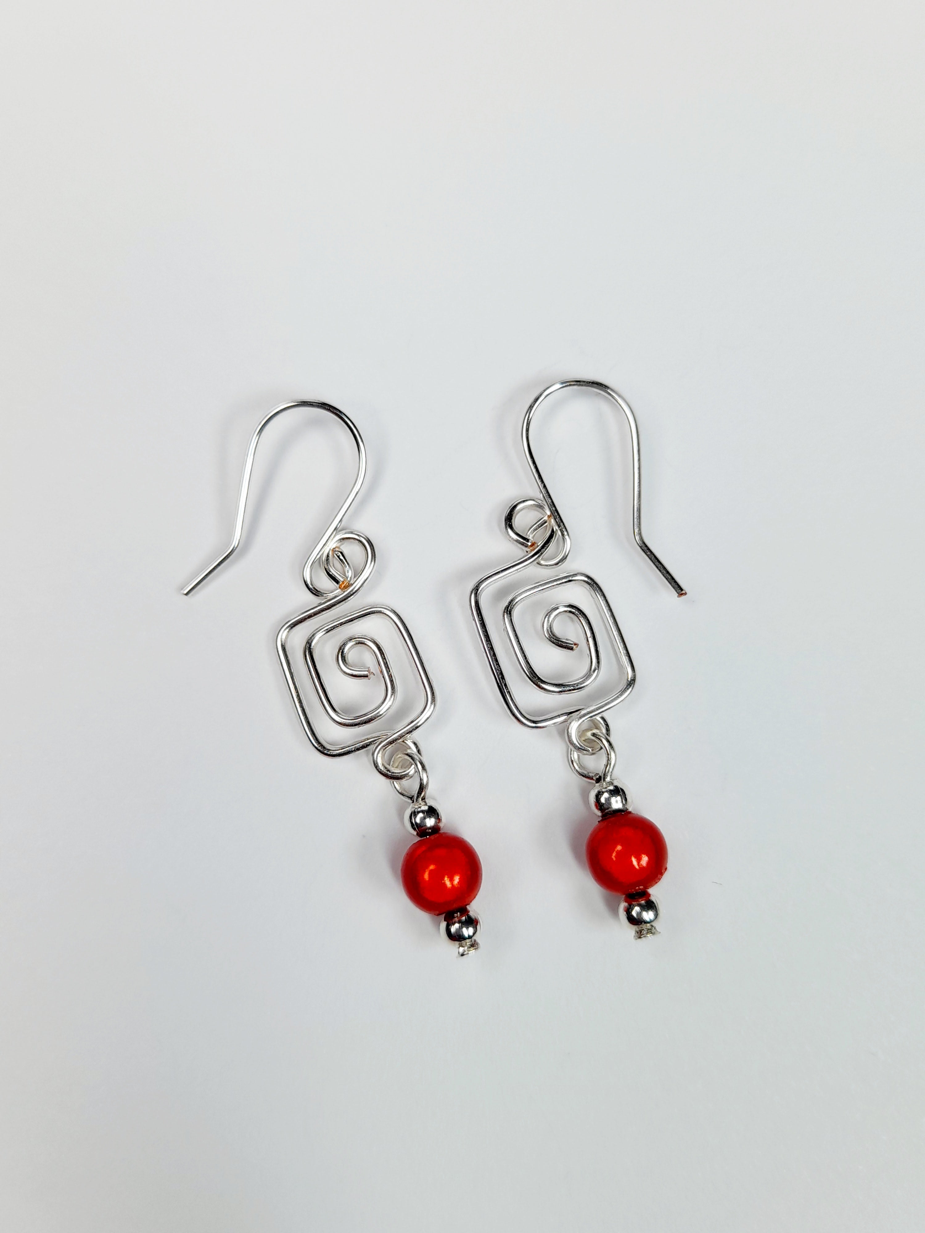 Dainty Silver & Red Square Spiral Earrings, Handmade, Lightweight & Pretty