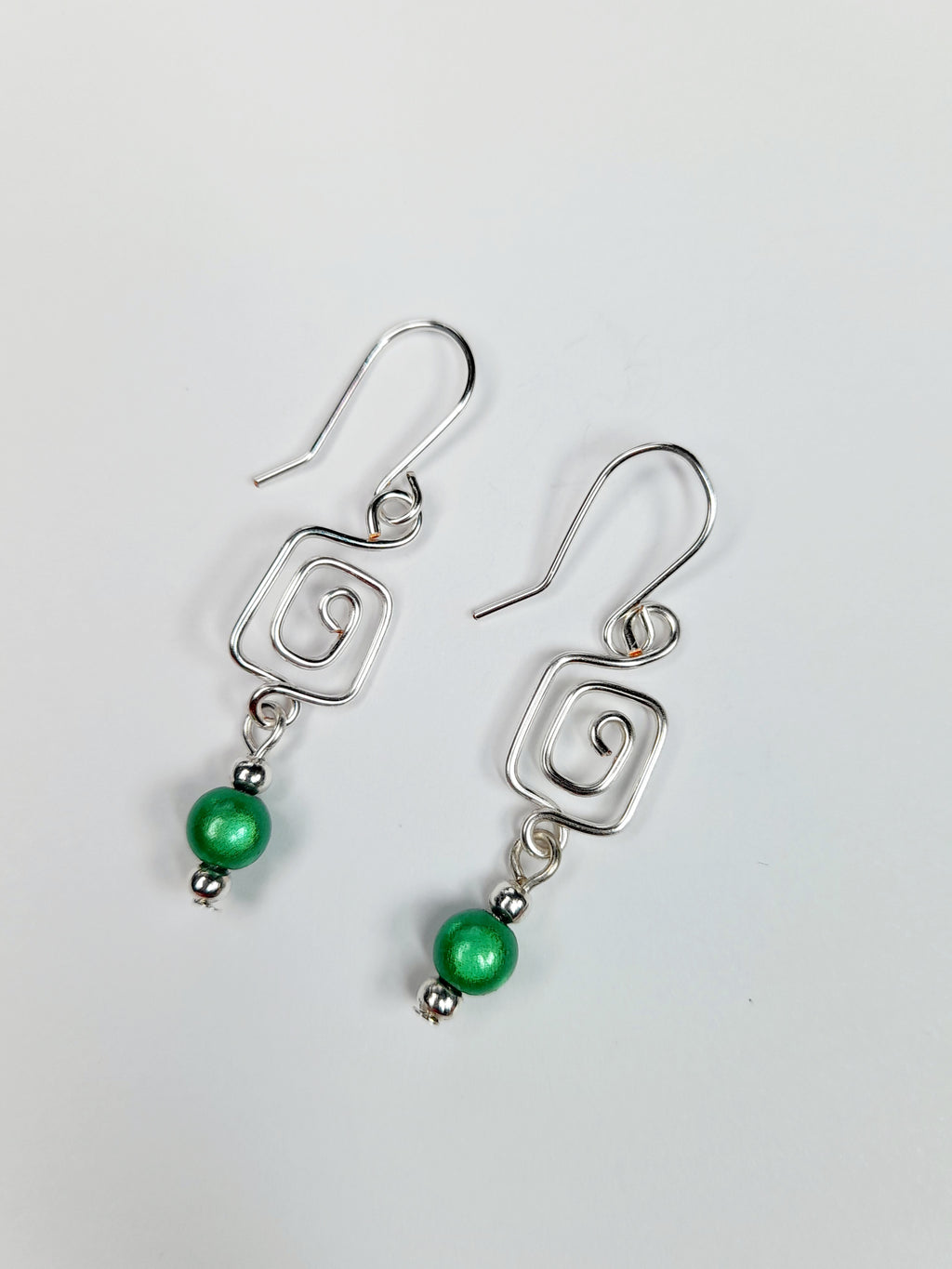 Dainty Silver & Green Square Spiral Earrings, Handmade, Lightweight & Pretty