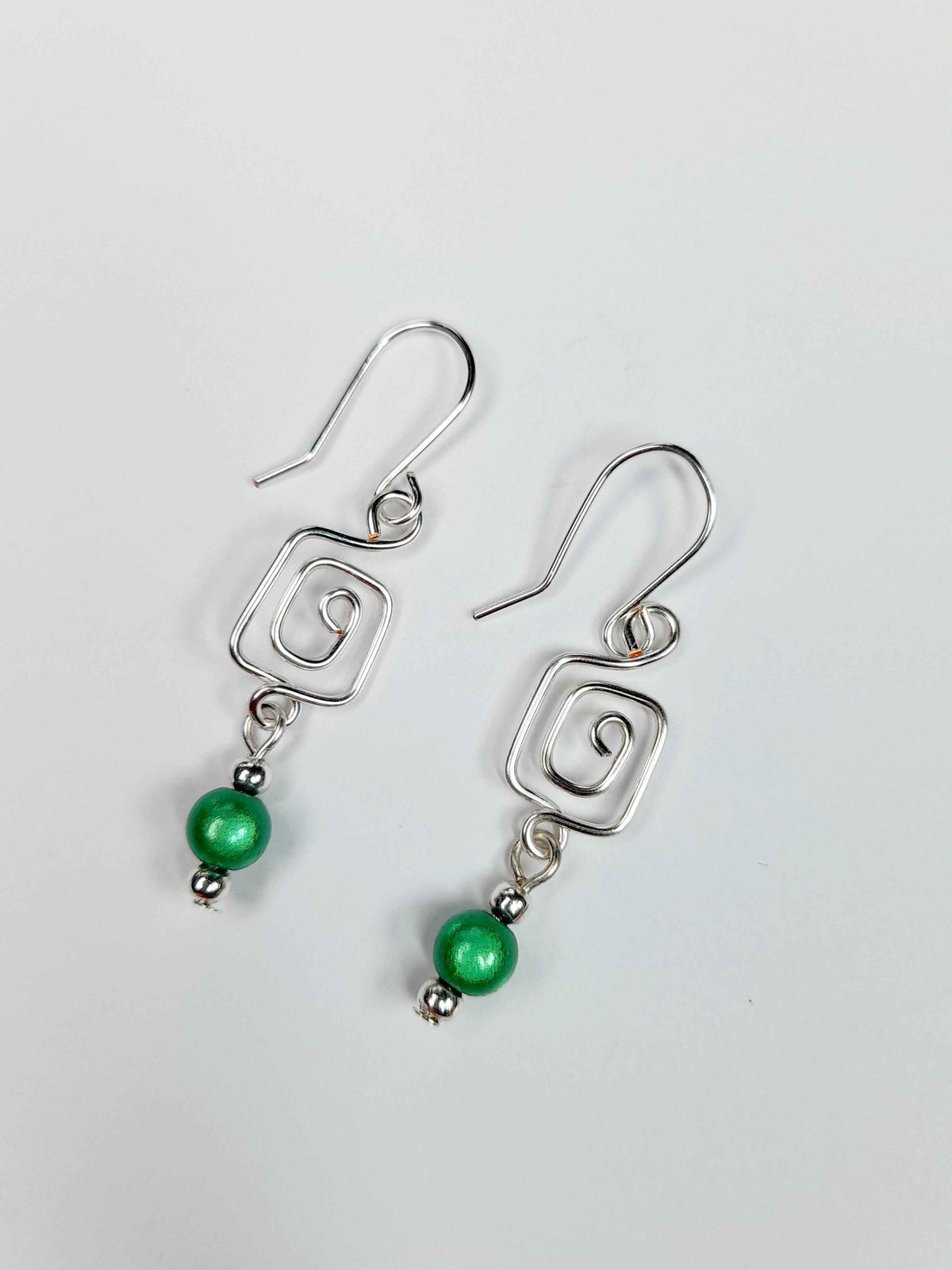 Dainty Silver & Green Square Spiral Earrings, Handmade, Lightweight & Pretty