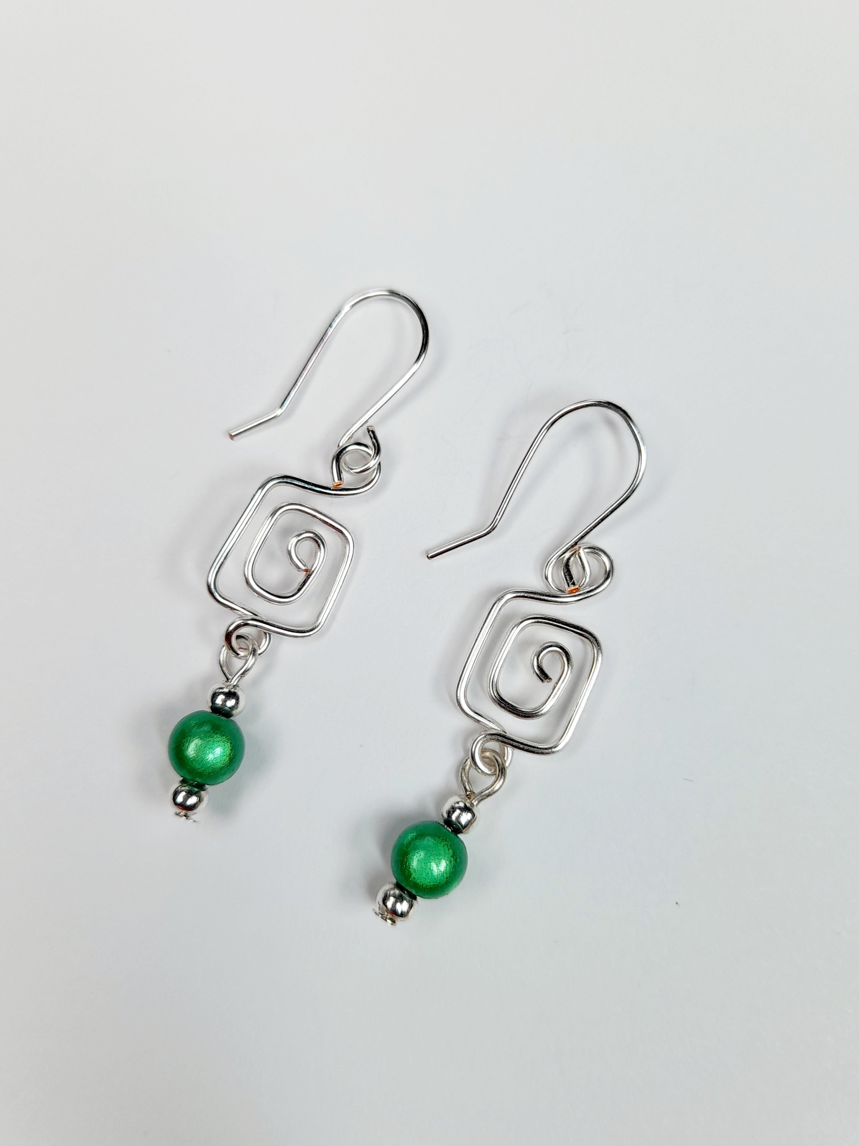 Dainty Silver & Green Square Spiral Earrings, Handmade, Lightweight & Pretty