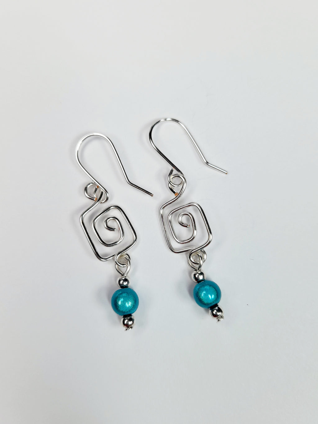 Dainty Silver & Turquoise Square Spiral Earrings, Handmade, Lightweight & Pretty