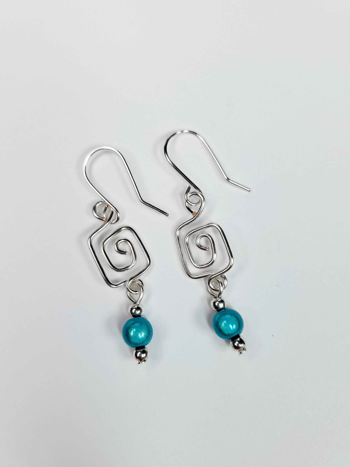 Dainty Silver & Turquoise Square Spiral Earrings, Handmade, Lightweight & Pretty