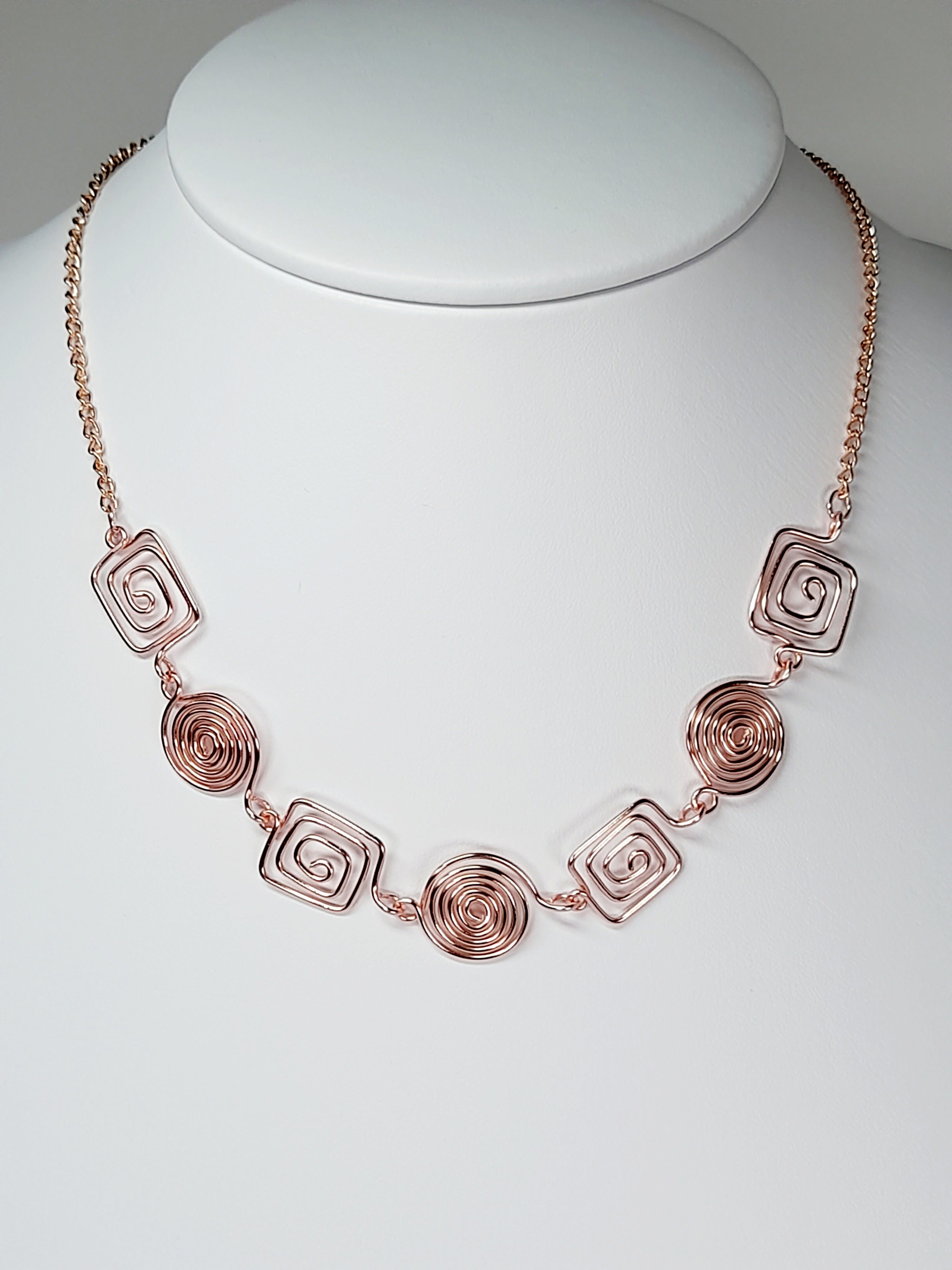 Super Swirly Rose Gold Round & Square Spiral Necklace