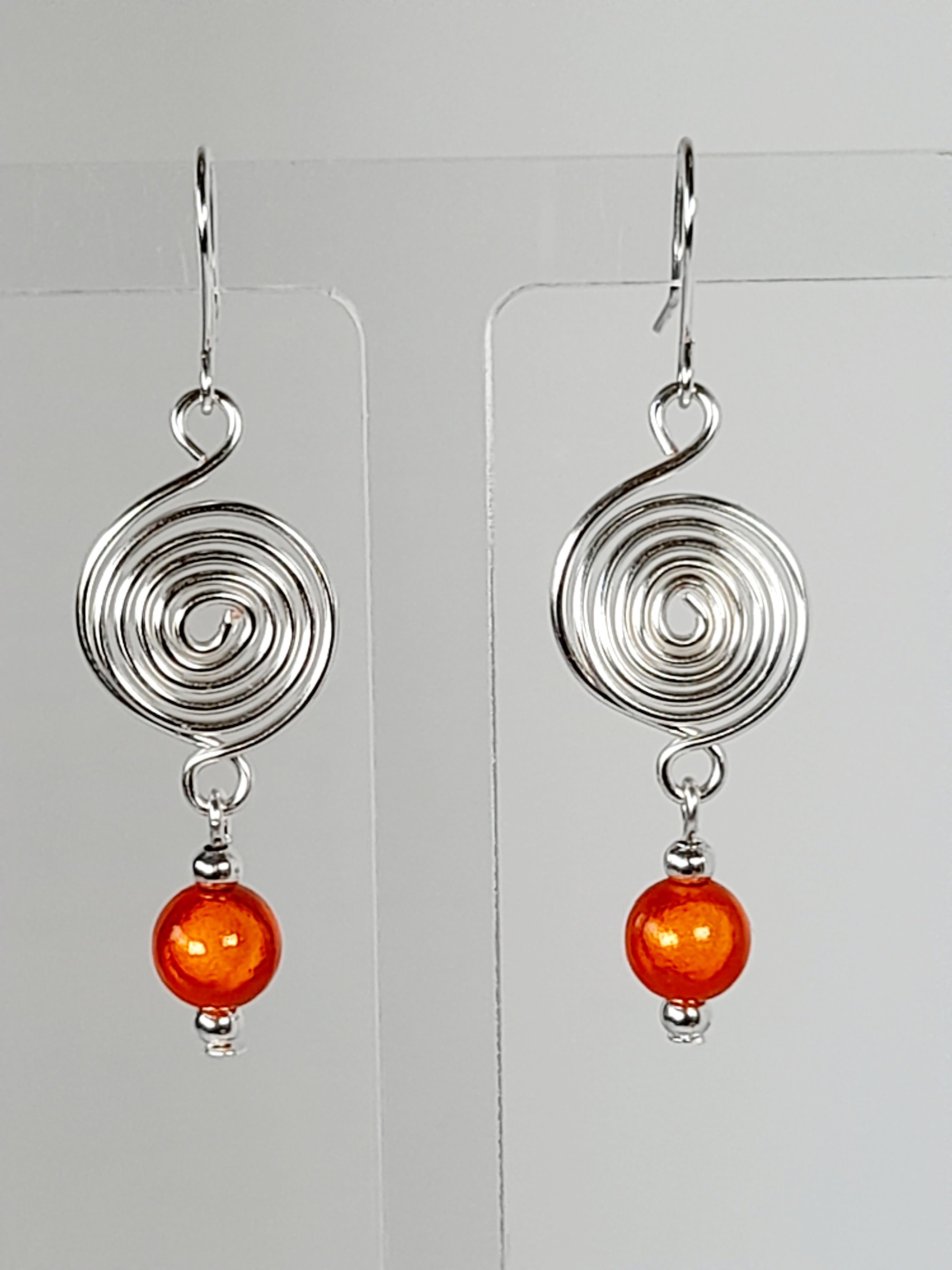 Handmade Silver & Orange Spiral Earrings