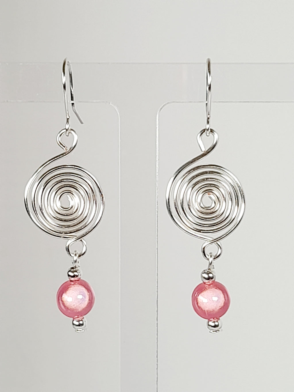 Handmade Silver & Pale Pink Spiral Earrings