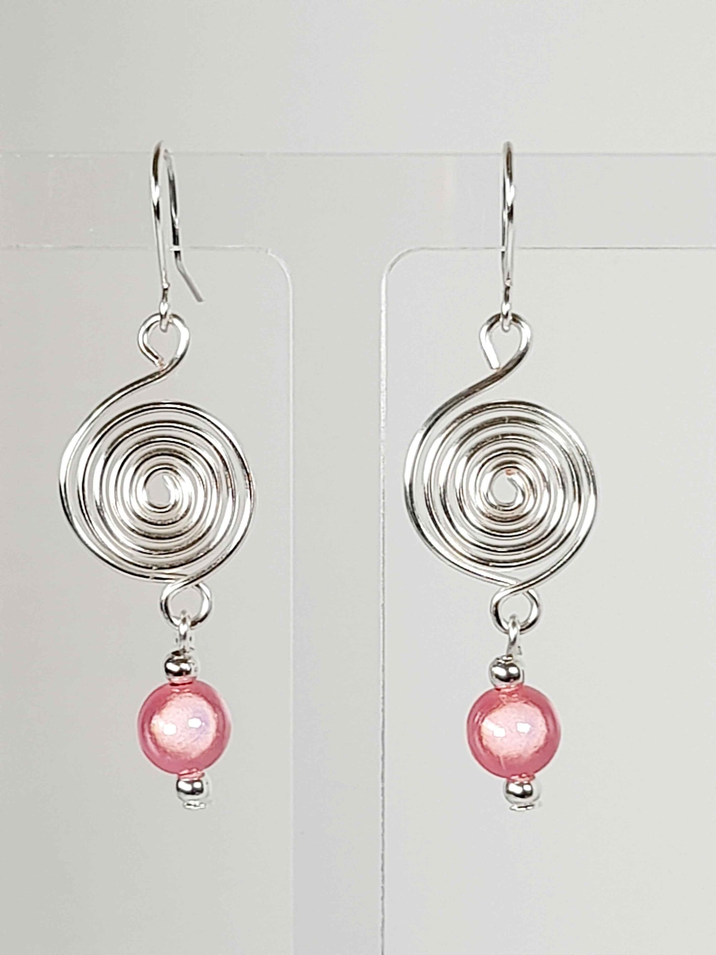 Handmade Silver & Pale Pink Spiral Earrings