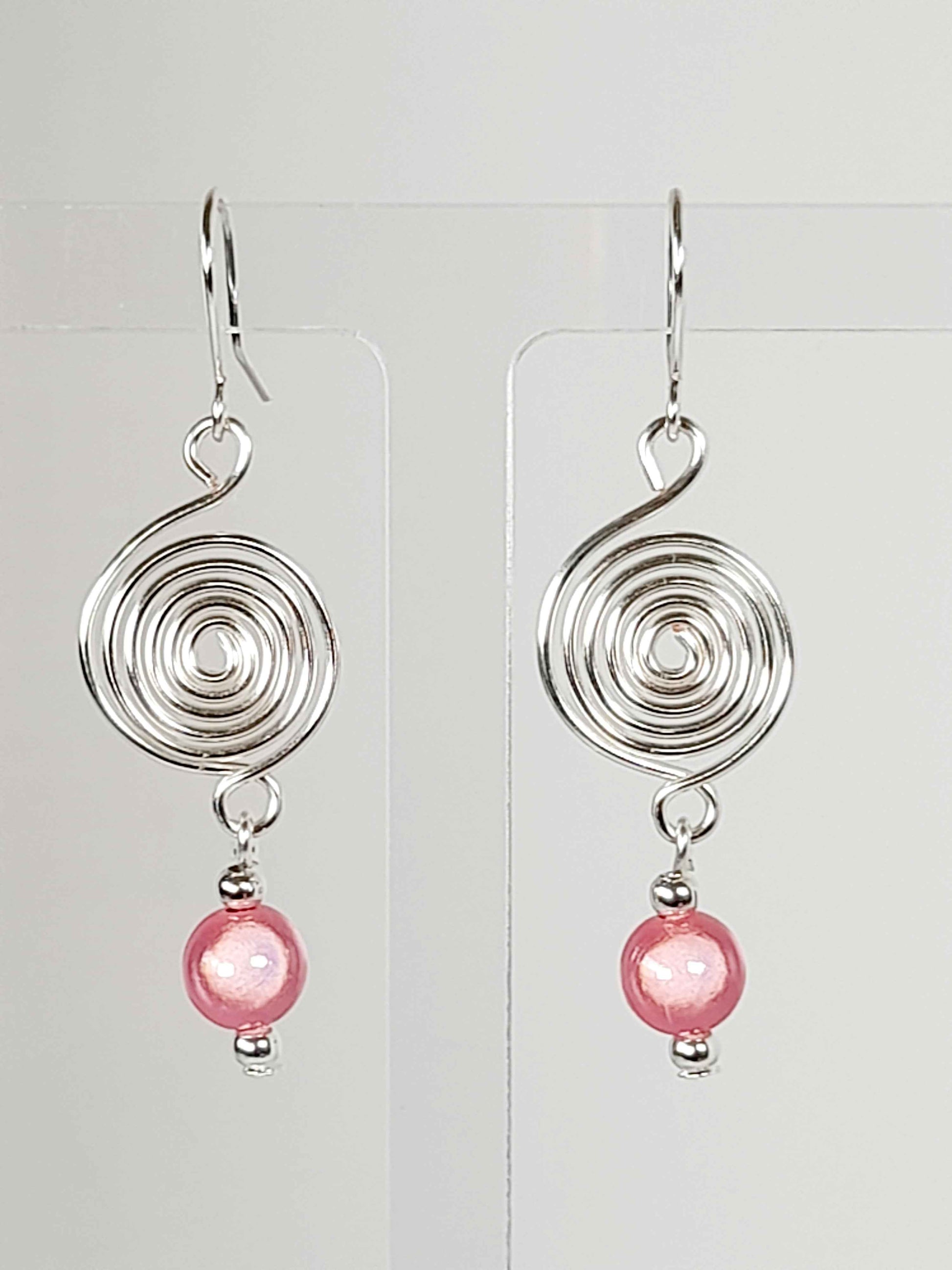 Handmade Silver & Pale Pink Spiral Earrings