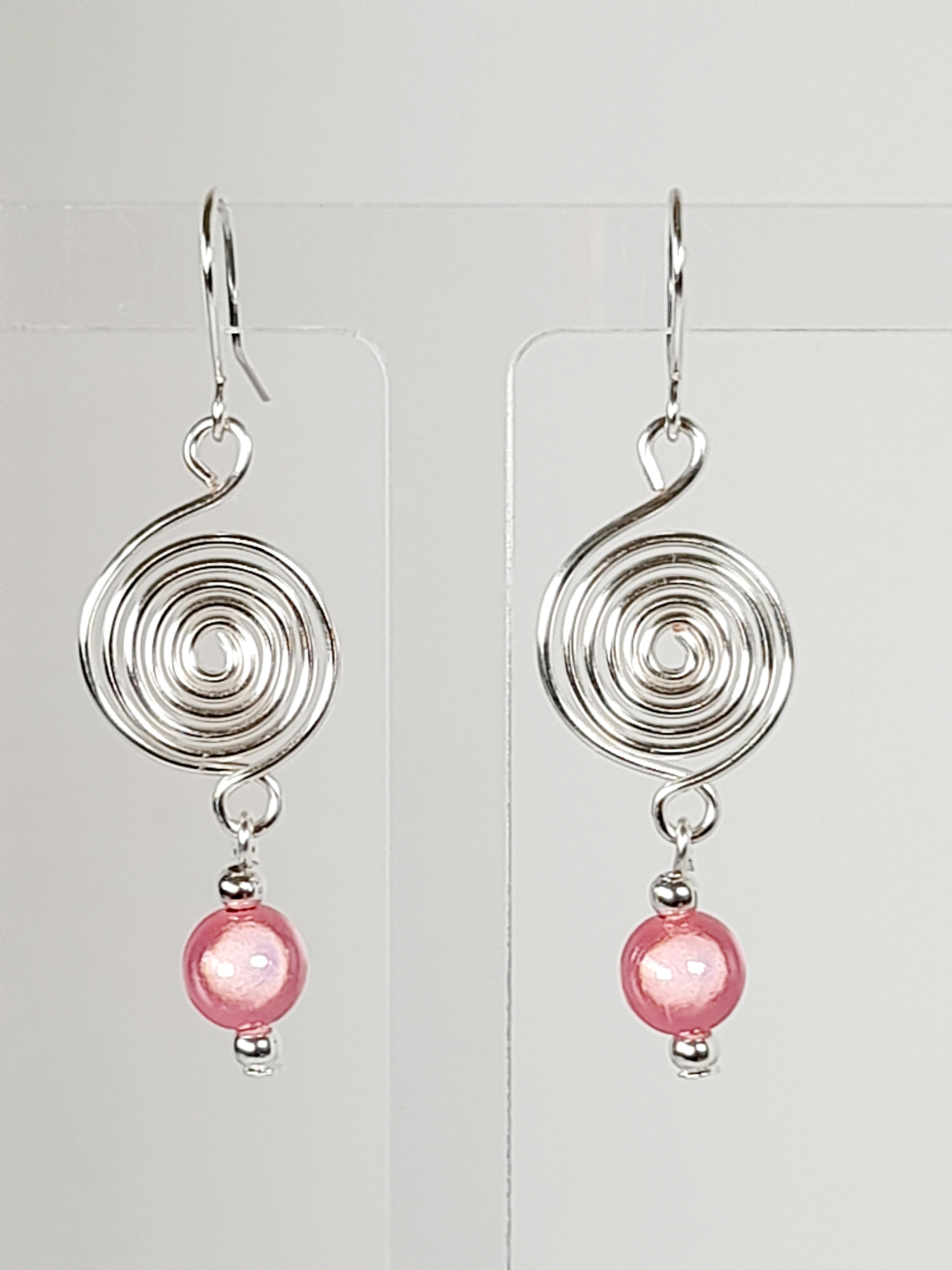 Handmade Silver & Pale Pink Spiral Earrings