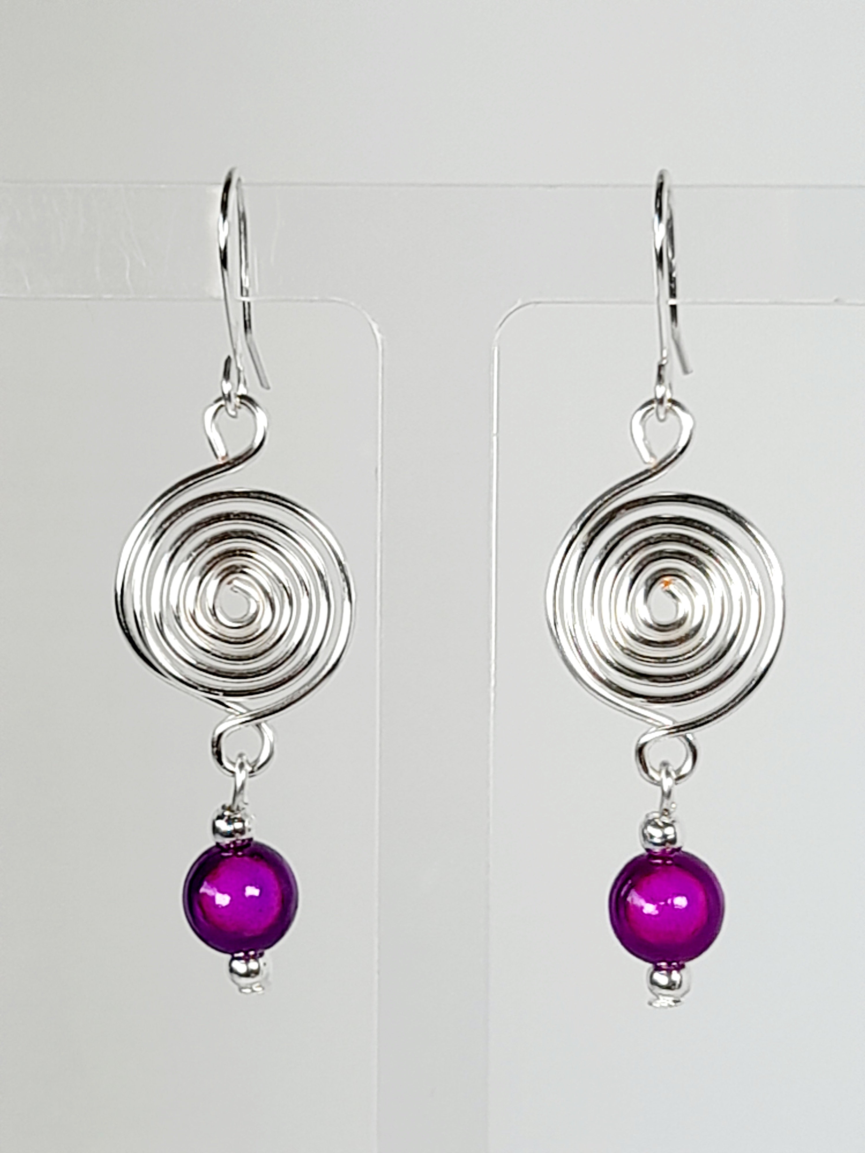 Handmade Silver & Purple Spiral Earrings