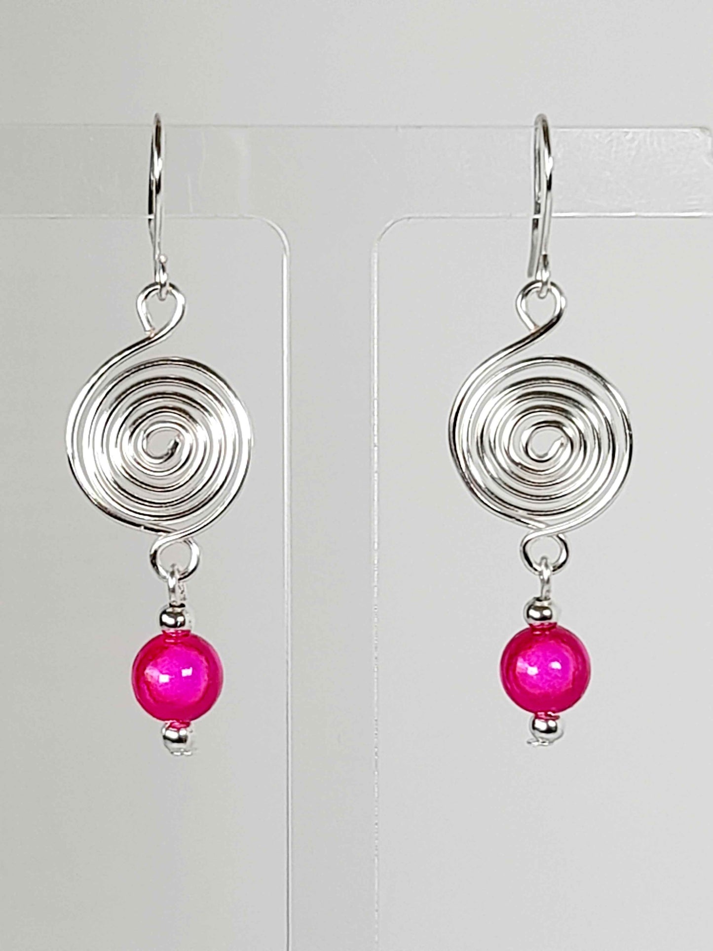 Handmade Silver & Hot Pink Spiral Earrings