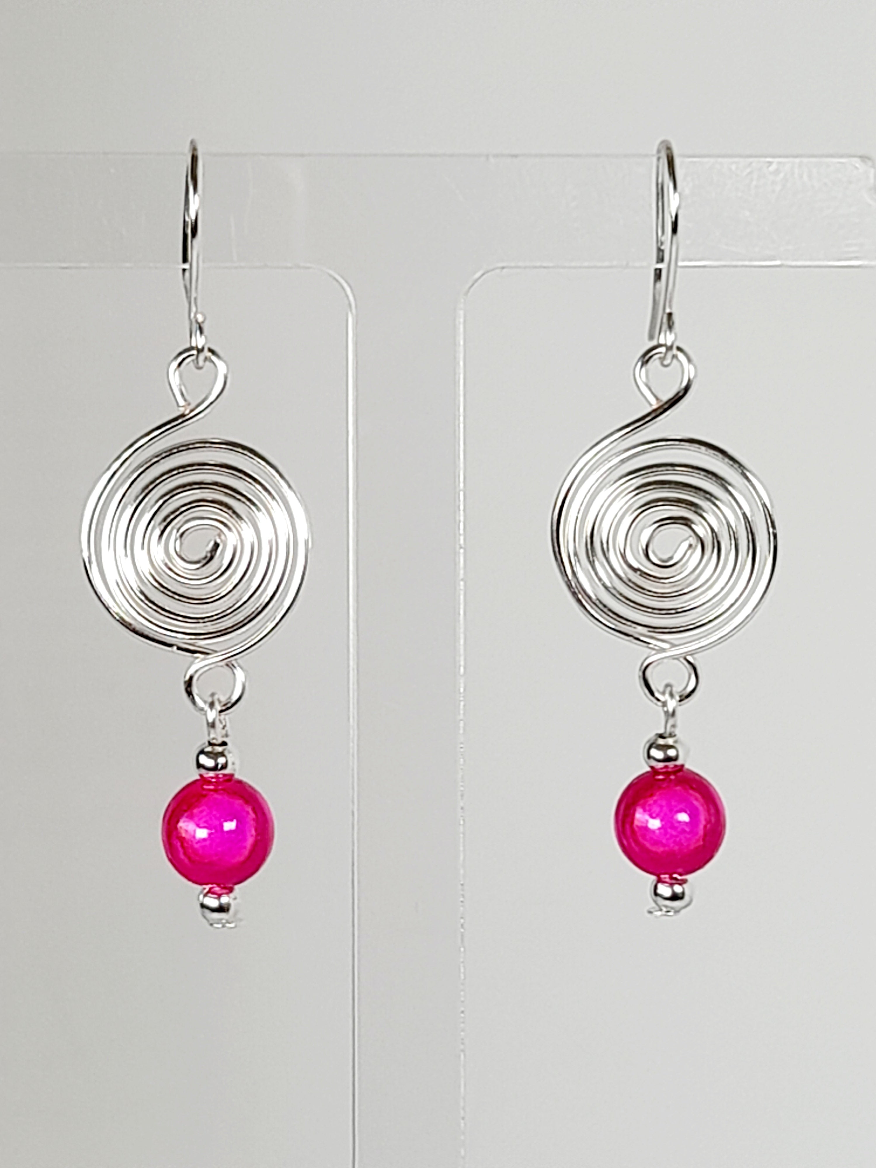 Handmade Silver & Hot Pink Spiral Earrings