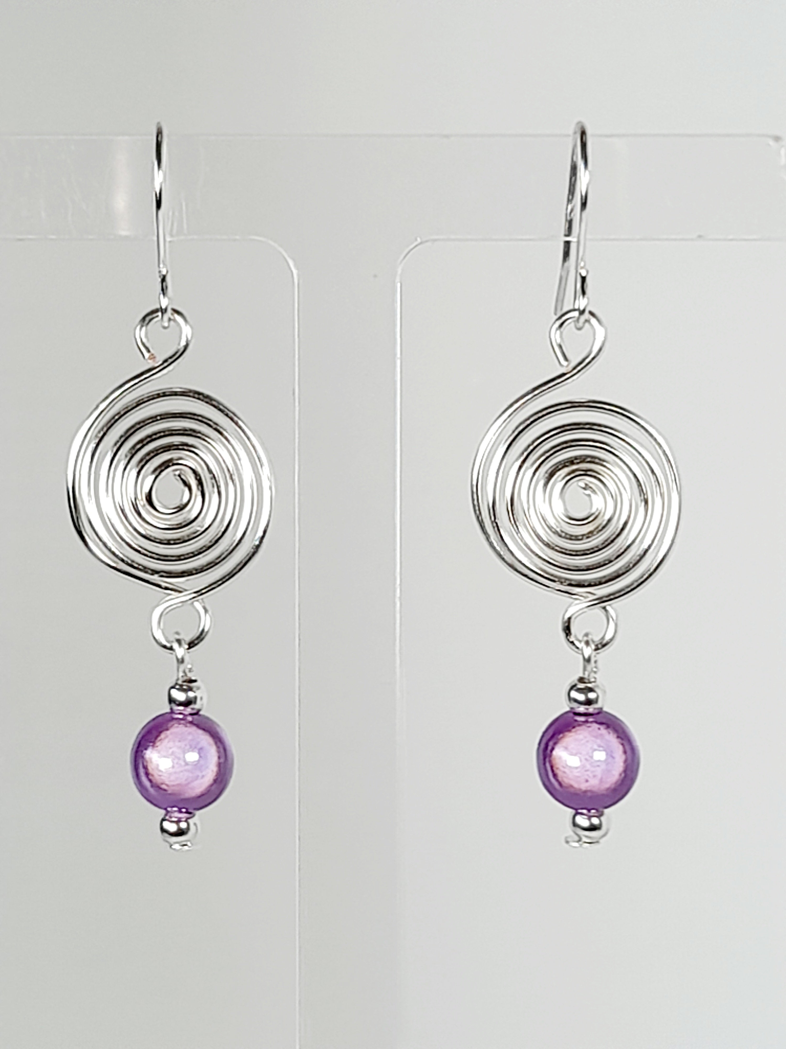 Handmade Silver & Lilac Spiral Earrings